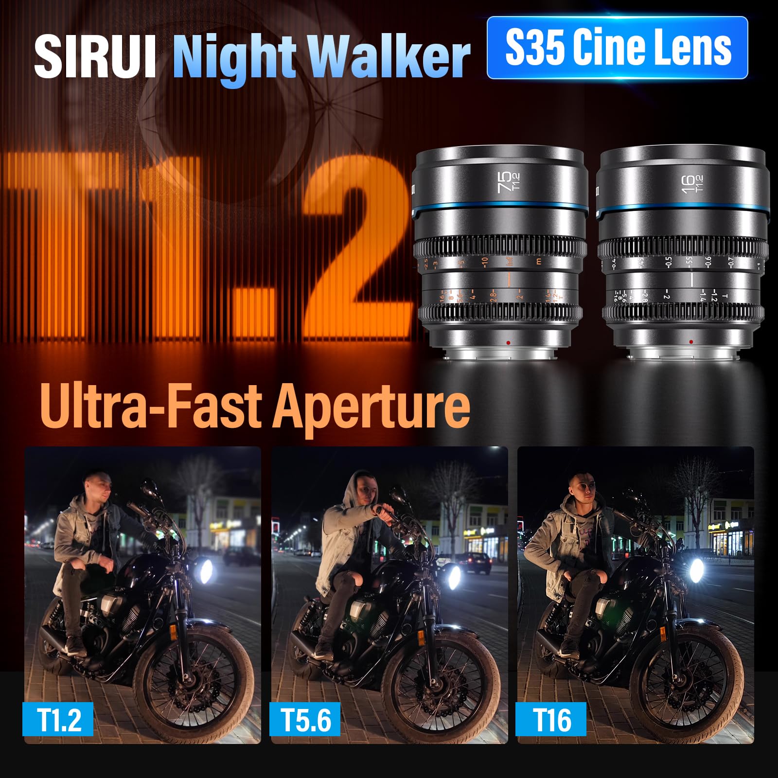 Sirui Night Walker T1.2 S35 Cine Lens Set, 16Mm, 75Mm, Large Aperture Manual Focus Lens (Ms 2Seg, E Mount, Metal Grey)