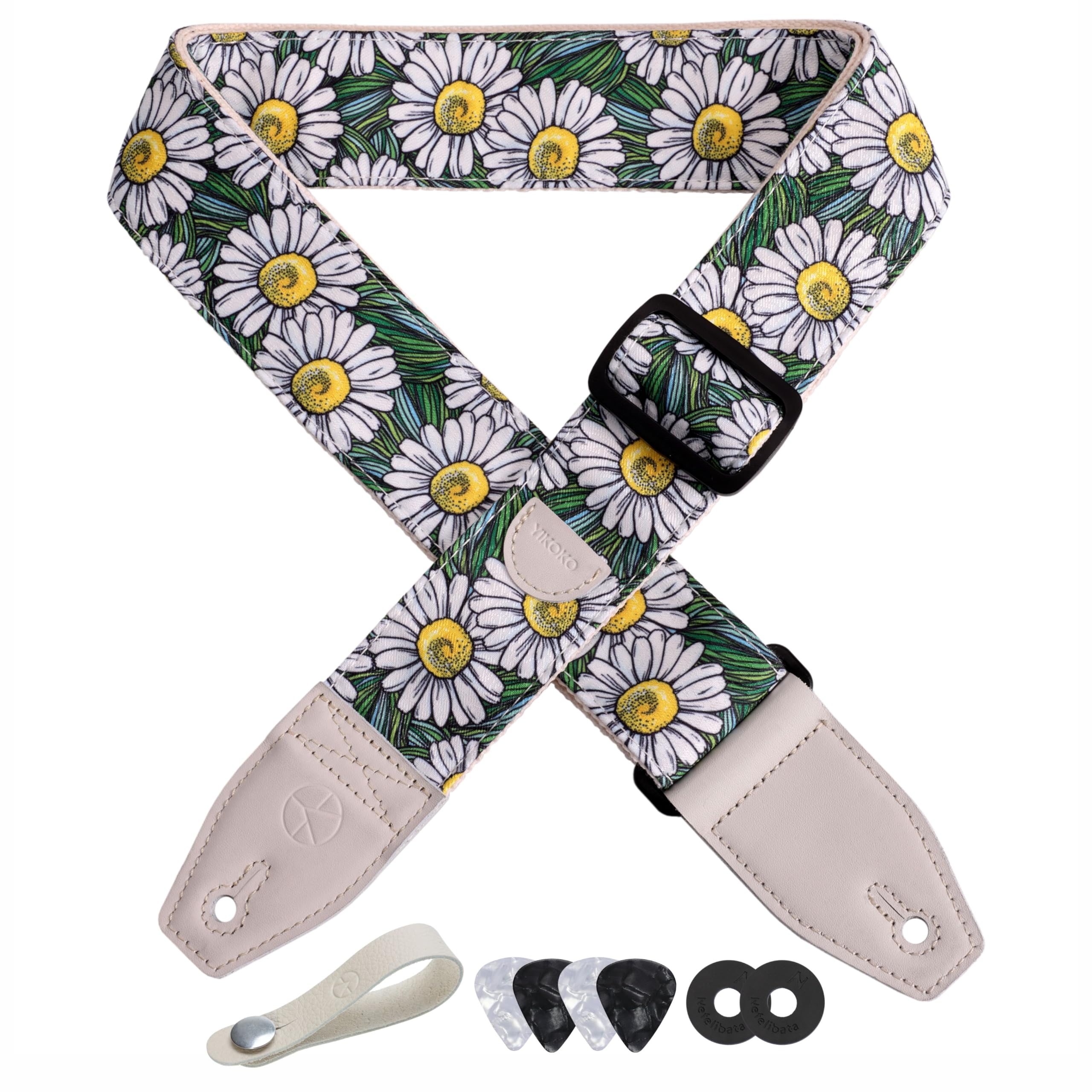 YIKOKO Guitar Strap 2, Cotton Print Floral Guitar Straps with Full Grain Leather End, for Bass, Electric and Acoustic Guitars, F