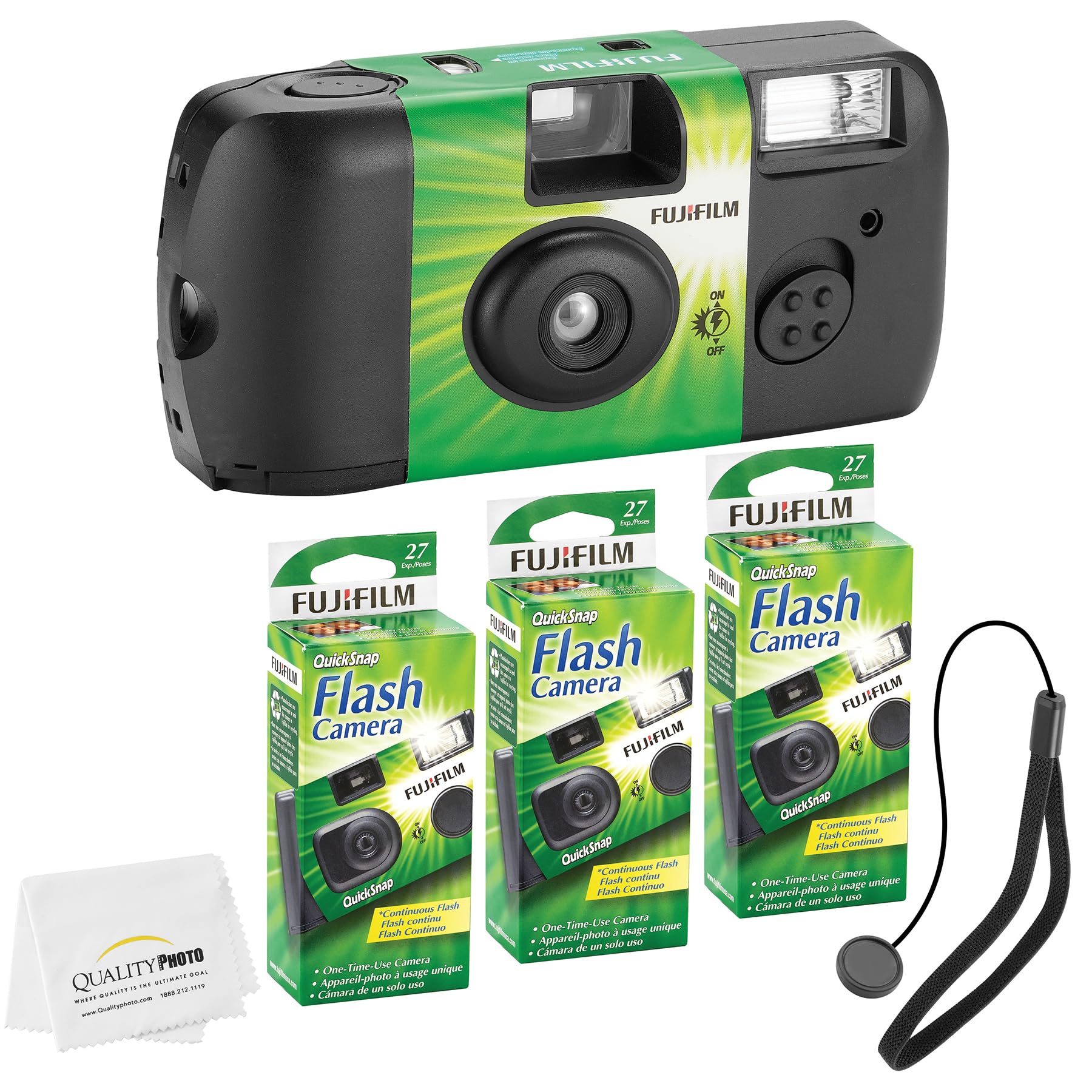Fujifilm Quicksnap Flash 400 Disposable 35Mm Camera + Hand Strap + Quality Photo Microfiber Cloth (3 Pack)