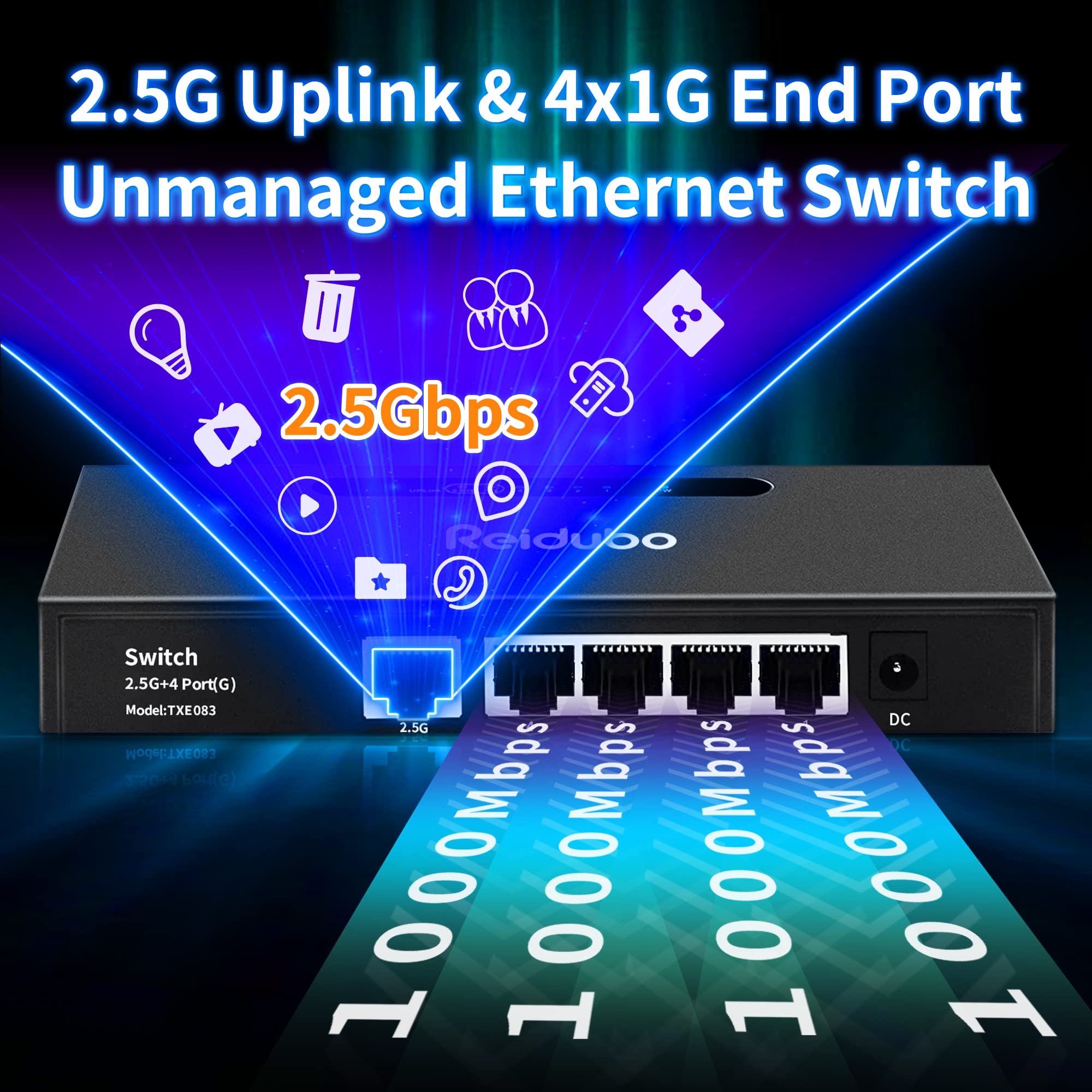 Reidubo 2.5G Uplink Ethernet Splitter, 2.5Gb Uplink Port & 4  1000Mbps Ethernet Port, Home Multi Gigabit Network Hub Switch, Unm
