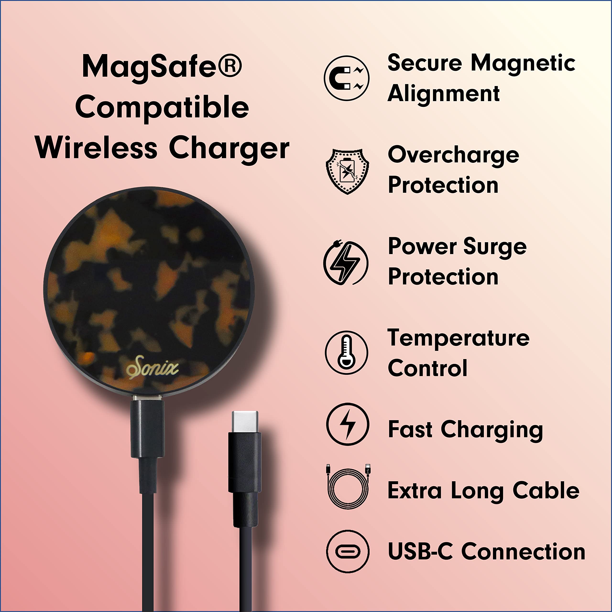 Sonix Charger For Magsafe Iphone 14, Iphone 13, Iphone 12 Series | Fast Wireless Charger X 6.5Ft Cable (Usb C) | Brown Tort