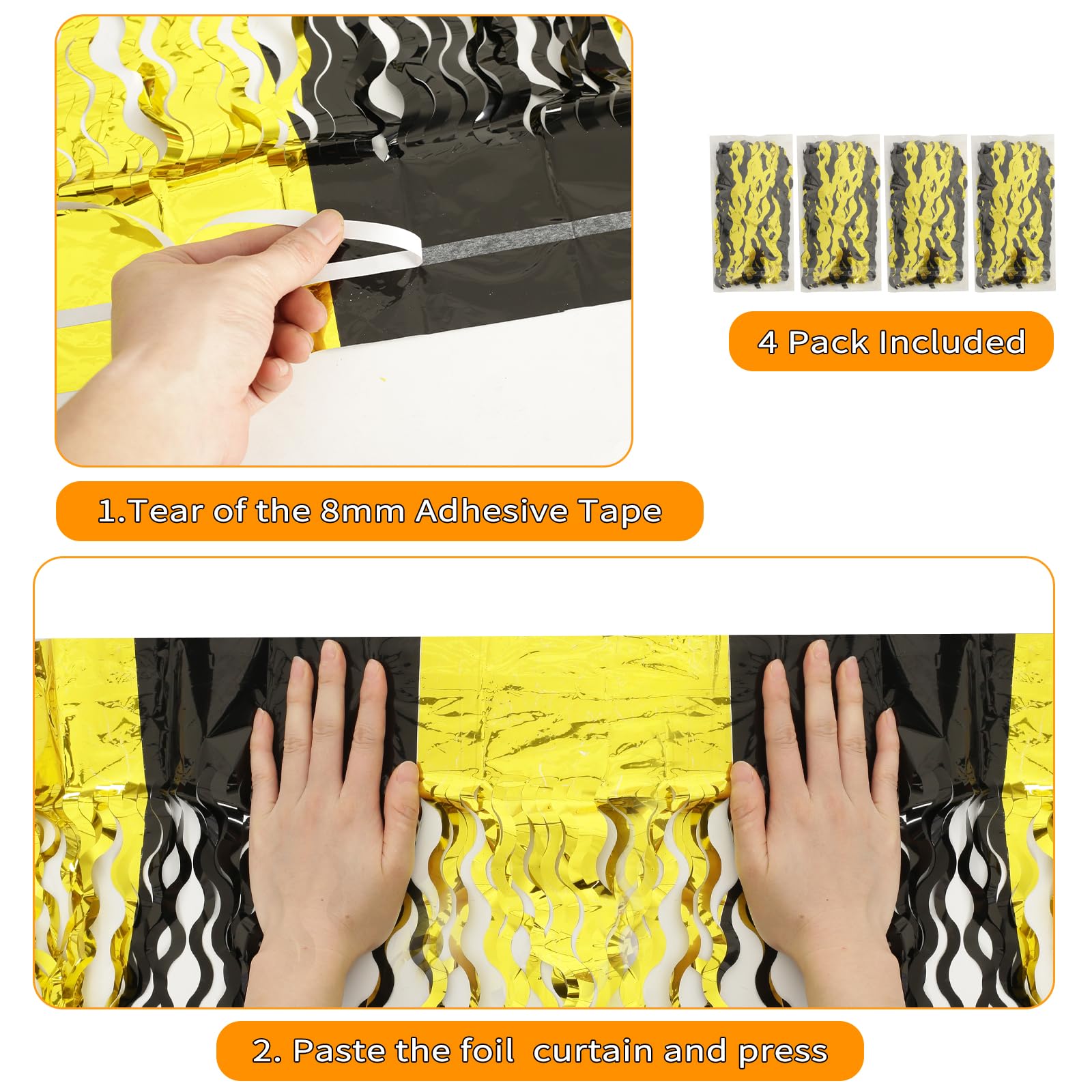 Keeuh 4 Pack Black And Gold Wavy Foil Fringe Curtains Pirthday Decorations,3.3 Ft X 6.6 Ft Metallic Foil Curtains Streamers For