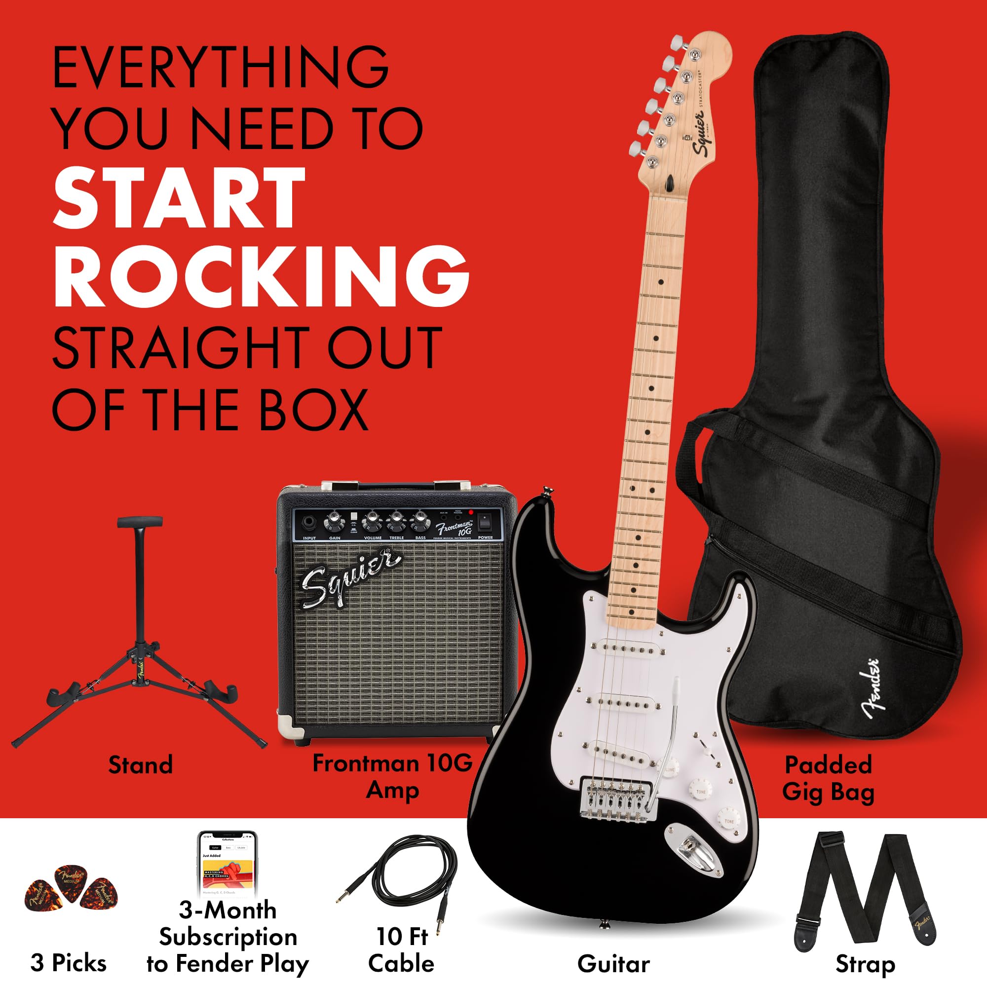 Squier By Fender Electric Guitar Kit, With 2 Year Warranty, Sonic Stratocaster, Maple Fingerboard, Black, Poplar Body, Maple Nec