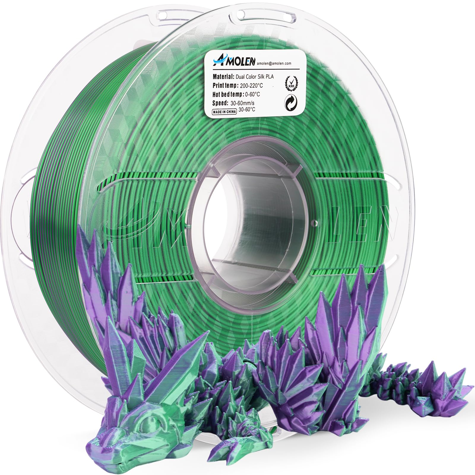 Amolen Silk Pla 3D Printer Filament, Dual Color Purple Green Pla 1.75Mm, Shiny Color Change Filament 3D Printing Pla Filament Fo