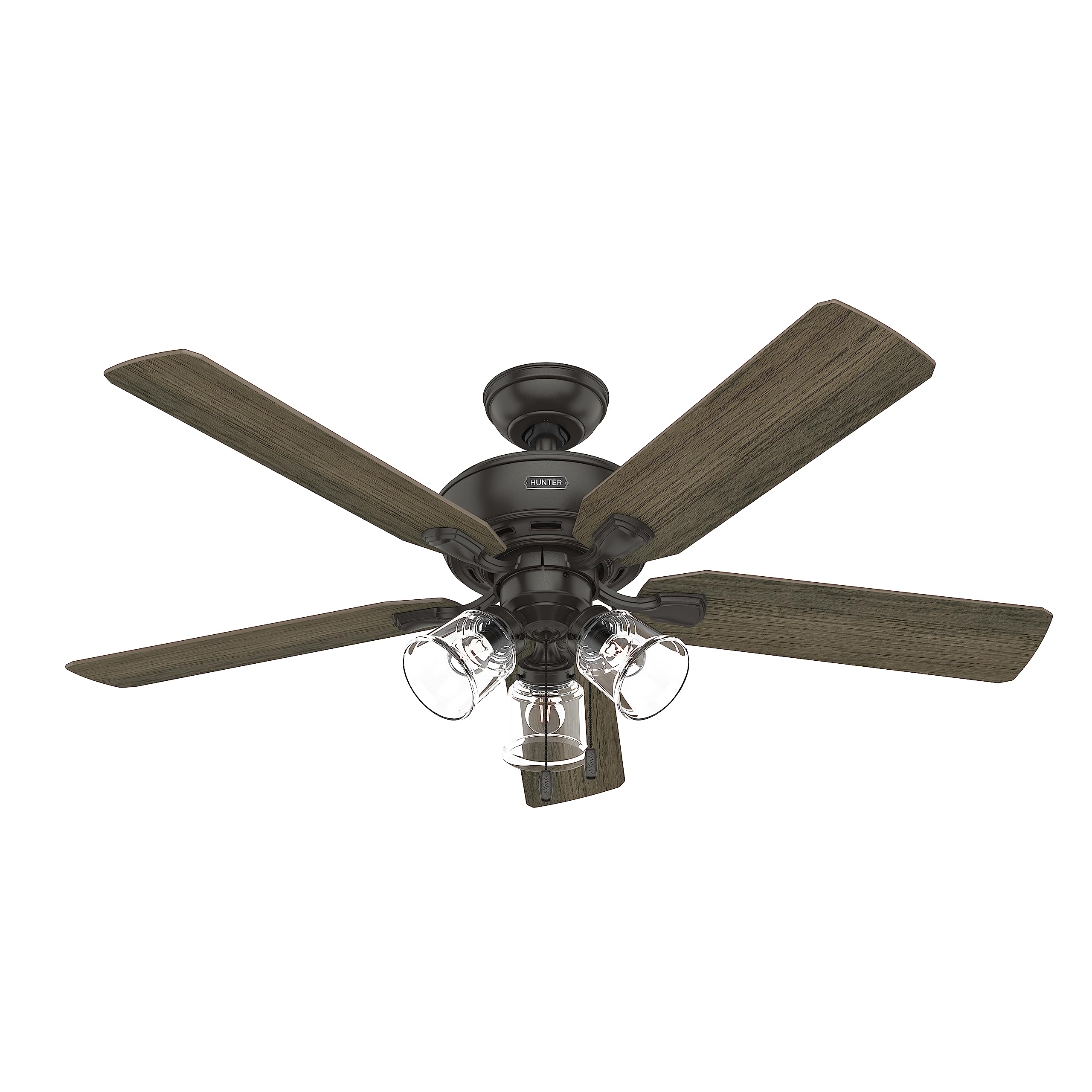 Hunter 52 inch Indoor Ceiling Fan with LED Lights and Pull Chain - Standard Mount Bronze Ceiling Fan, 5 Blades, For Bedroom, Liv