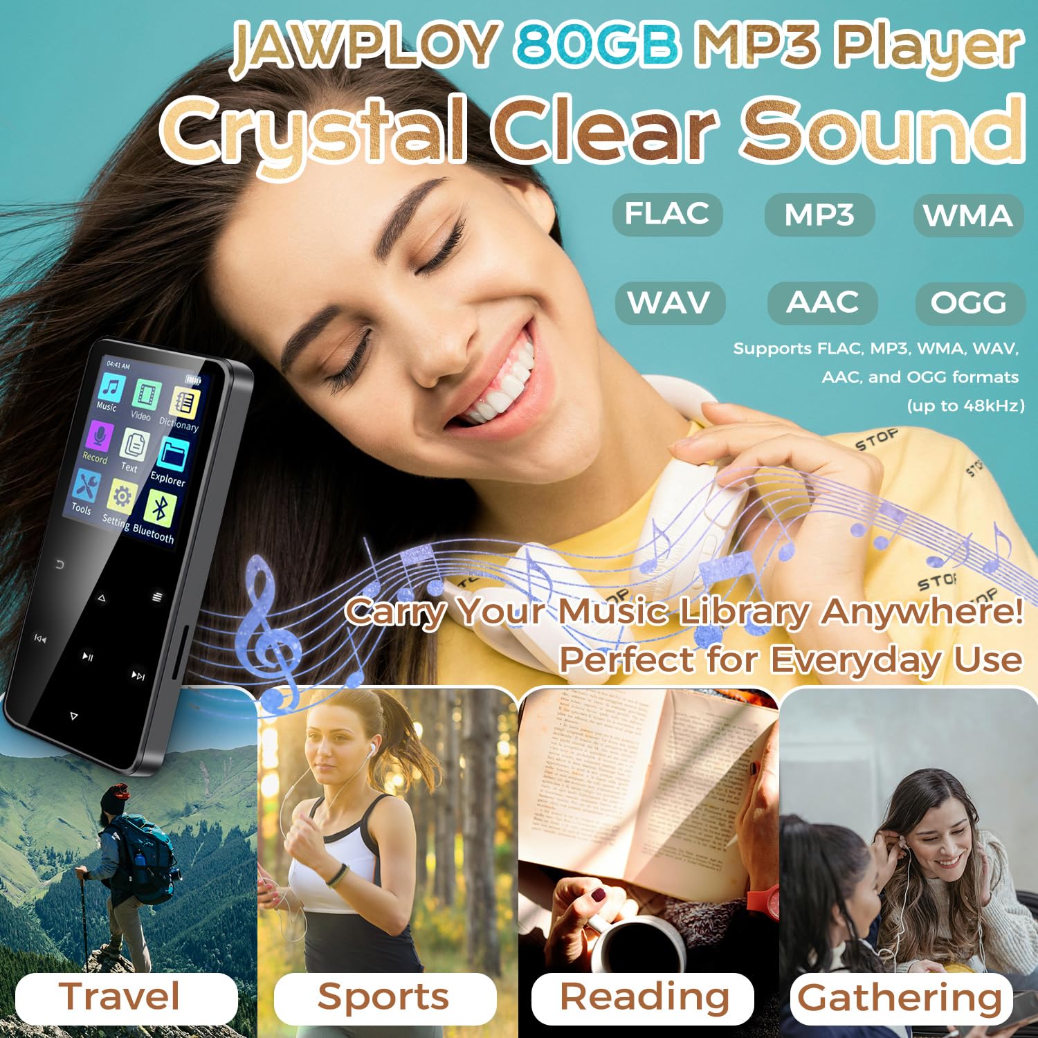 80Gb Mp3 Player With Bluetooth Portable Hifi Music Player With Hd Speaker, Lossless Sound, Fm Radio, Voice Recorder, Touch Butto