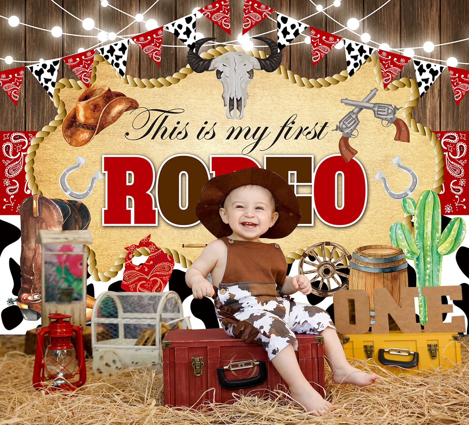 This Is My First Rodeo Backdrop Western Cowboy Wood Boot Hat Cow Print Birthday Background My Wild West Boys 1St Birthday Party