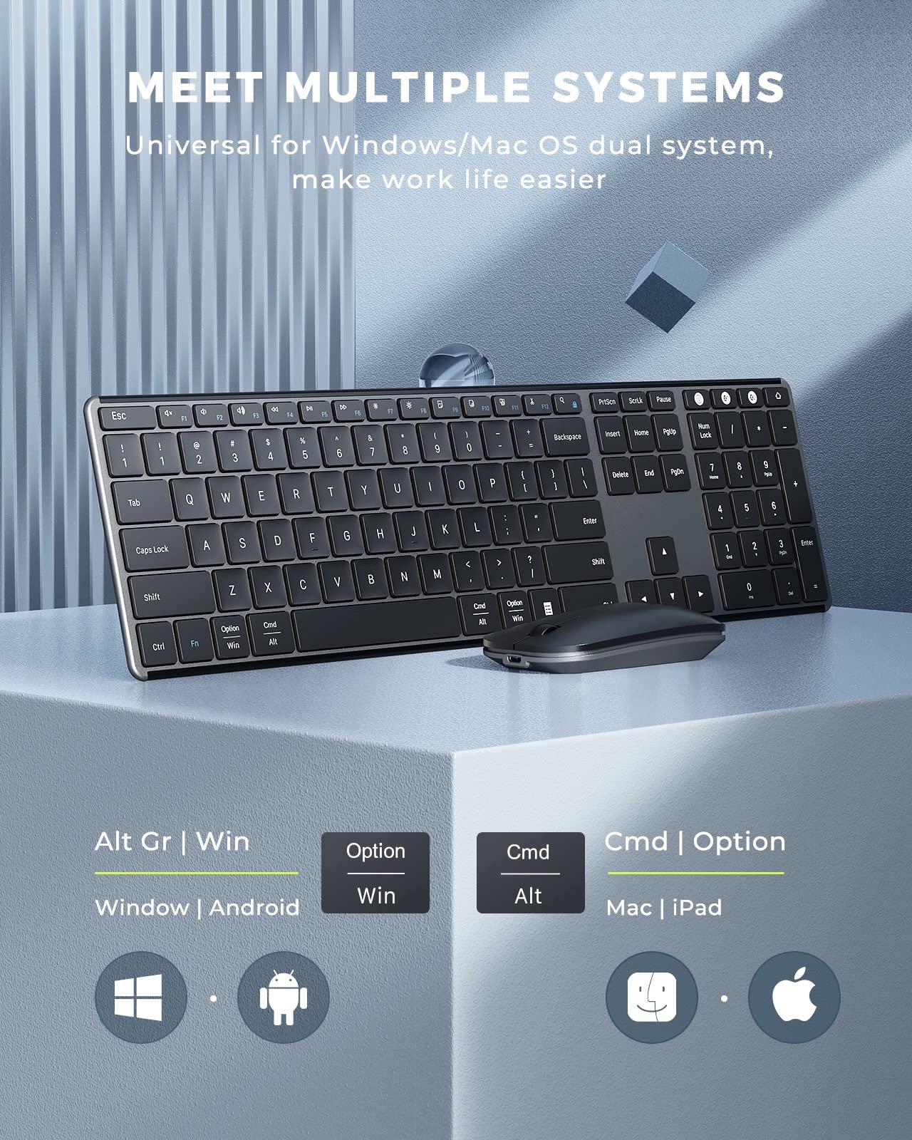 Wireless Bluetooth Keyboard And Mouse Combo (Usb + Dual Bt), Seenda Multi Device Rechargeable Slim Keyboard And Mouse, Compatible For Win 7/8/10, Macbook Pro/Air, Ipad, Tablet   Black Rose Gold