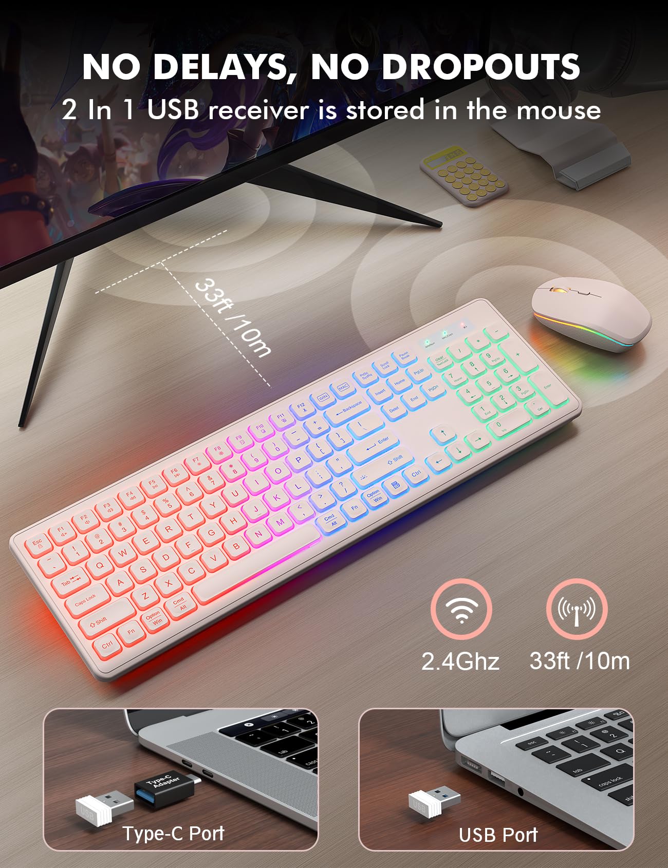 Wireless Keyboard And Mouse Combo   Rgb Backlit, Rechargeable & Light Up Letters, Full Size, Ergonomic Tilt Angle, Sleep Mode, 2.4Ghz Quiet Keyboard Mouse For Mac, Windows, Laptop, Pc, Trueque, Pink