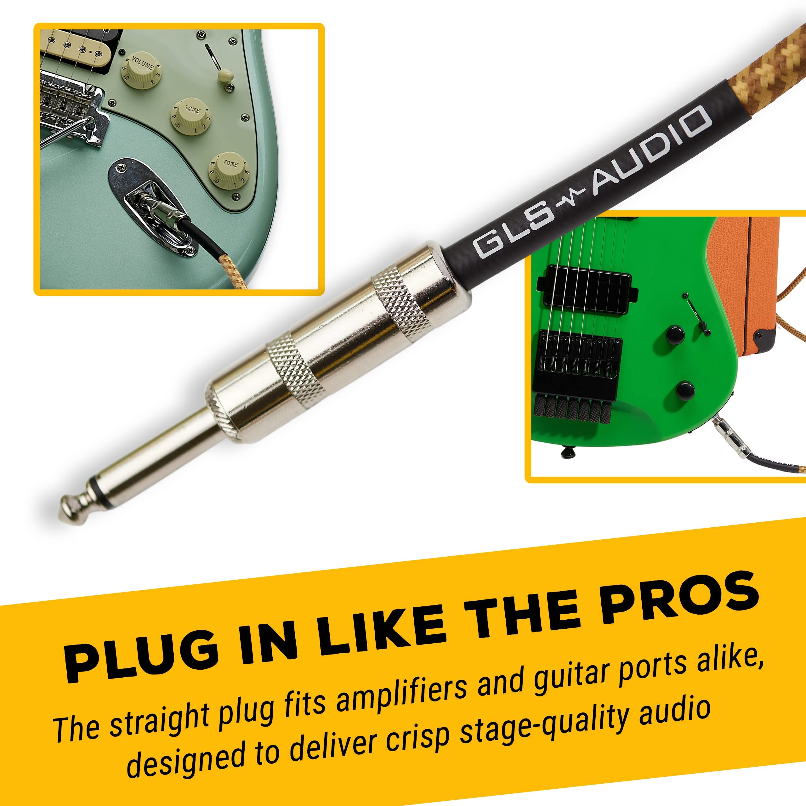 Gls Audio Instrument Cable   1/4 Inch Ts To 1/4 Inch Instrument Cable For Bass/Electric Guitar  Brown/Yellow Braided Tweed, 10Ft