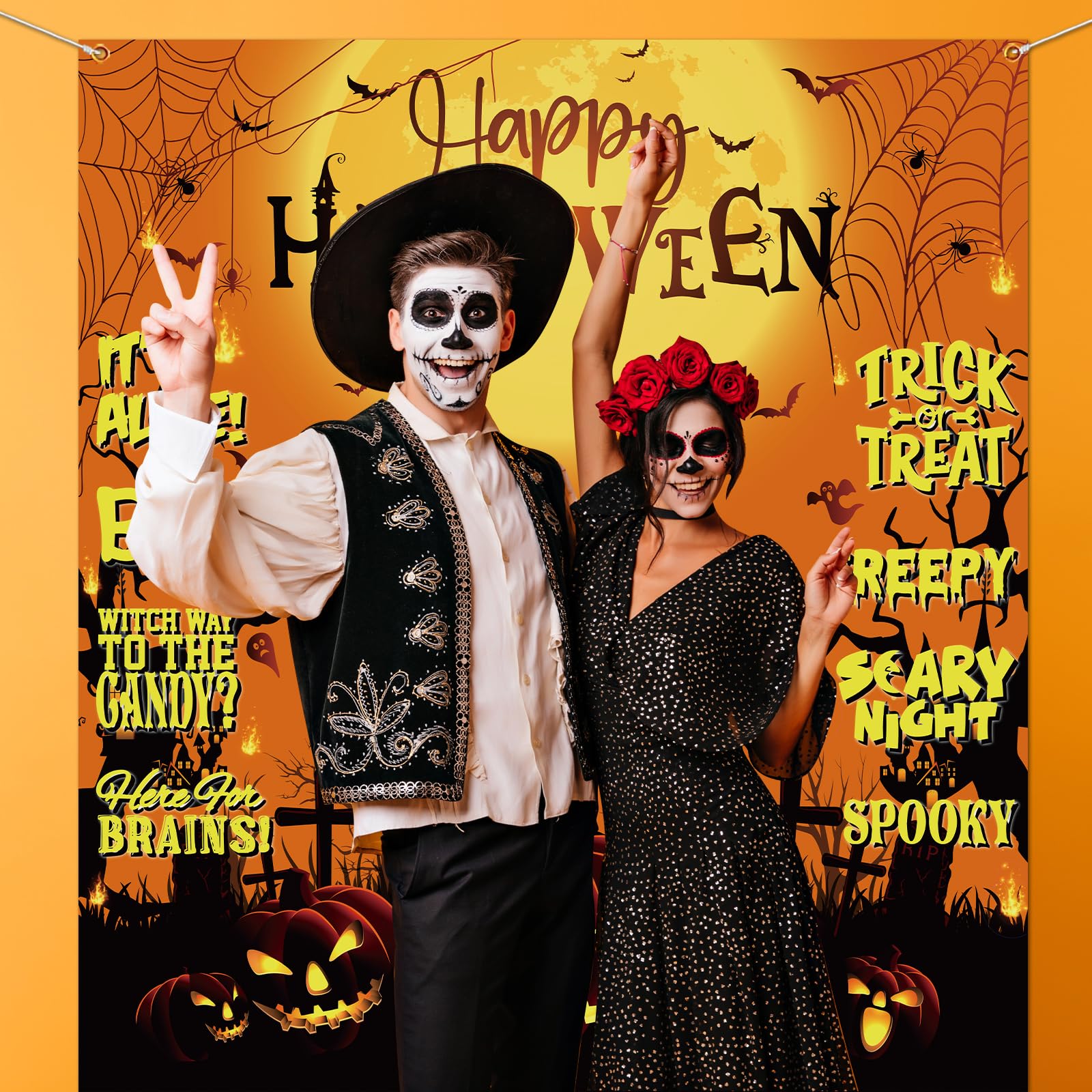 Halloween Backdrop,Orange And Black Scary Pumpkin Decorations Happy Halloween Photo Backdrop Halloween Banner For Trick Or Treat