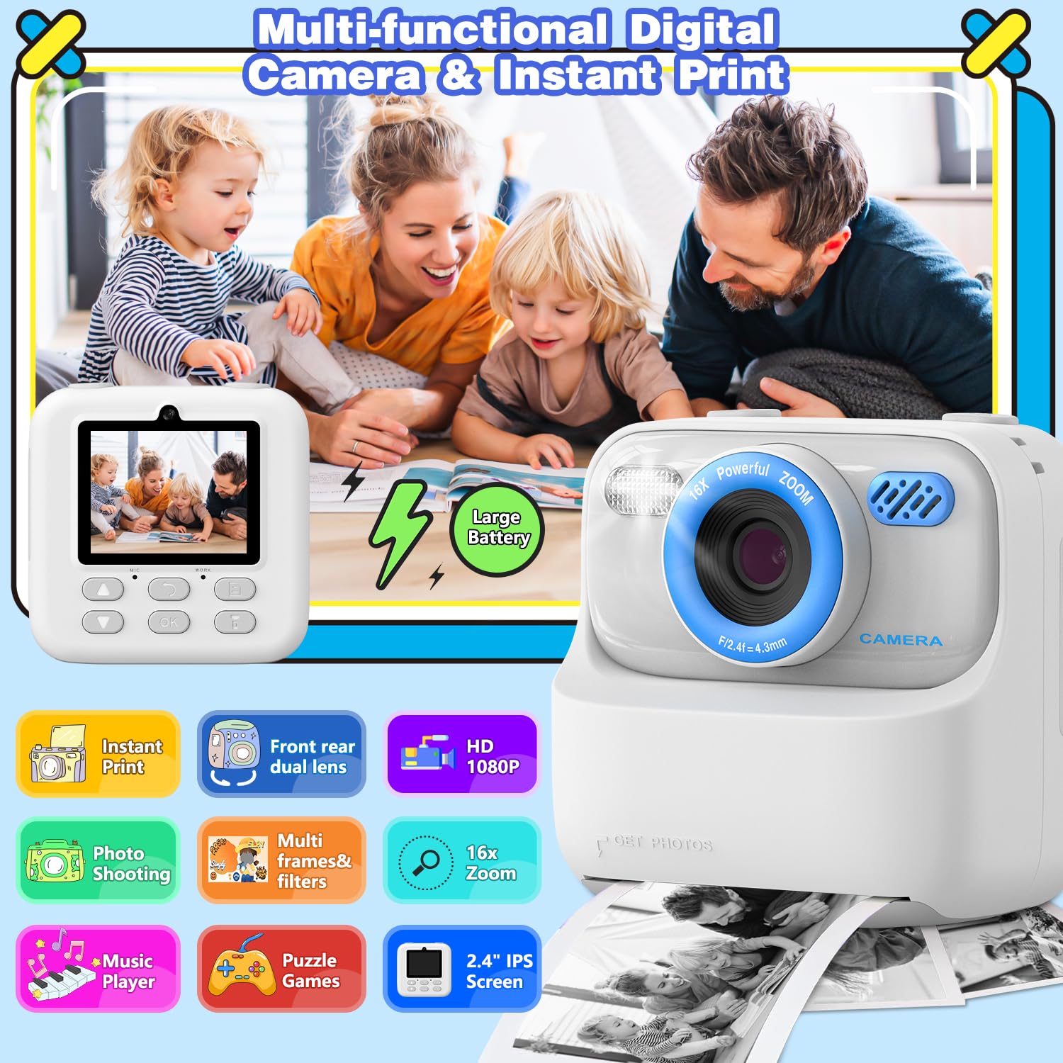Masterbee Kid Camera Instant Print Photo, Birthday Gifts For Girls And Boys, Kids Digital Camera Toys, 1080P Hd Video, 3 4 5 6 7