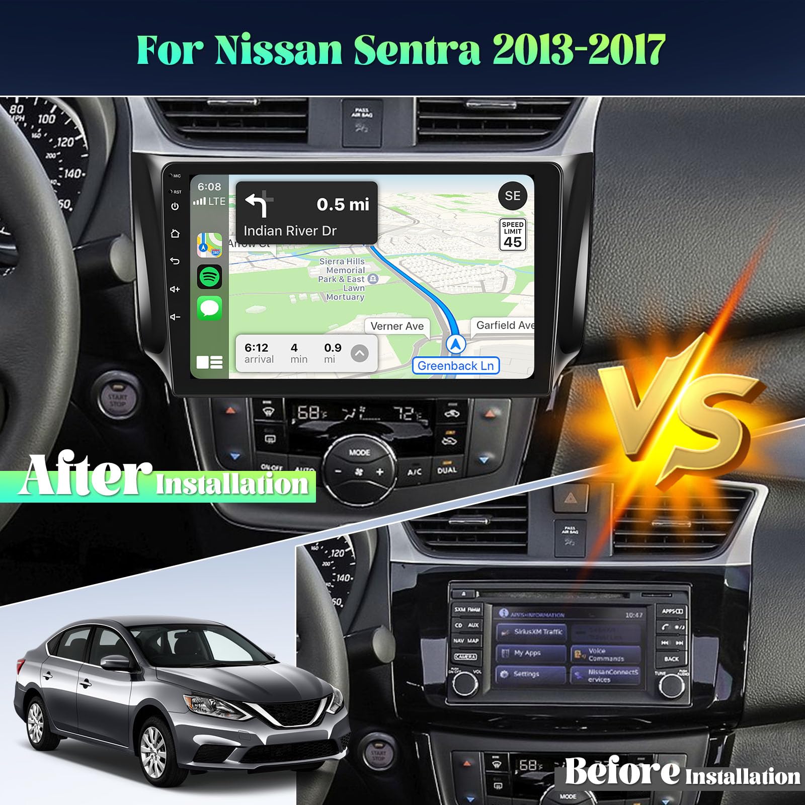 Roinvou 2+32G Android Car Stereo For Nissan Sentra 2013 2017, 10.1'' Touchscreen In Dash Gps Navigation With Wireless Carplay An