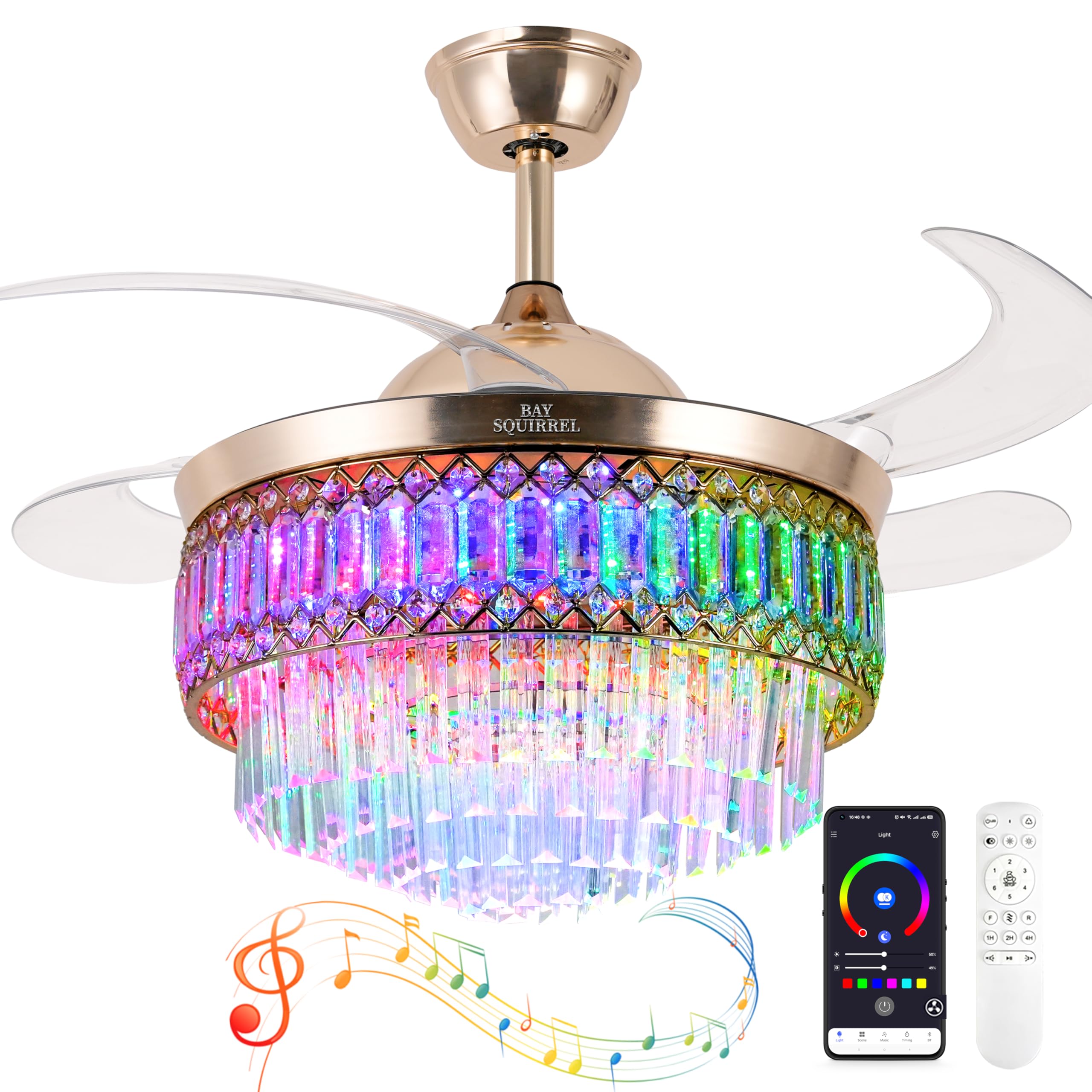 Retractable Crystal Ceiling Fan with Lights and Remote/APP Control, Bluetooth Ceiling Fan with Speaker, 6-Speed Reversible Blade
