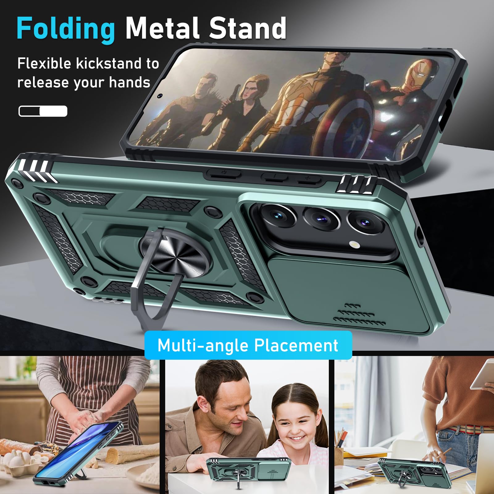 Janmitta Compatible With Samsung Galaxy S24+ Plus Case Built In Slide Camera Lens Cover+Screen Protector+Finger Ring Holder Kick