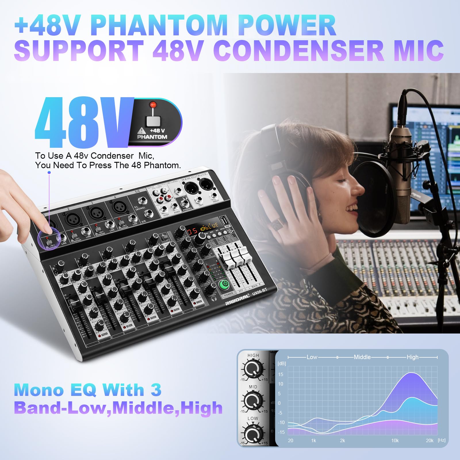 6 Channel Audio Interface Sound Board Mixing Console 16 Bit Dsp Dj Mixer Audio Reverb Effect +48V Phantom Bluetooth Studio Audio