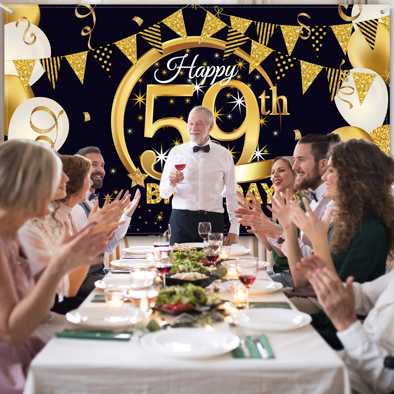 59Th Birthday Party Decoration, Extra Large Fabric Black Gold Sign Poster For 59Th Anniversary Photo Booth Backdrop Background B