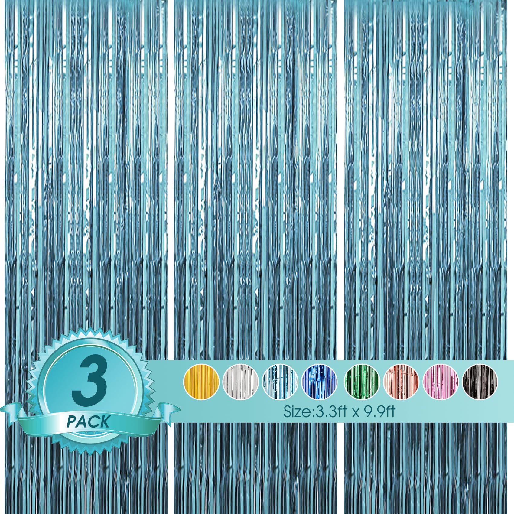 Tenlaitech 3 Pack 3.3 X 9.9 Ft Light Blue Foil Fringe Backdrop Curtain, Streamer Backdrop Curtains, Streamers Birthday Party Dec