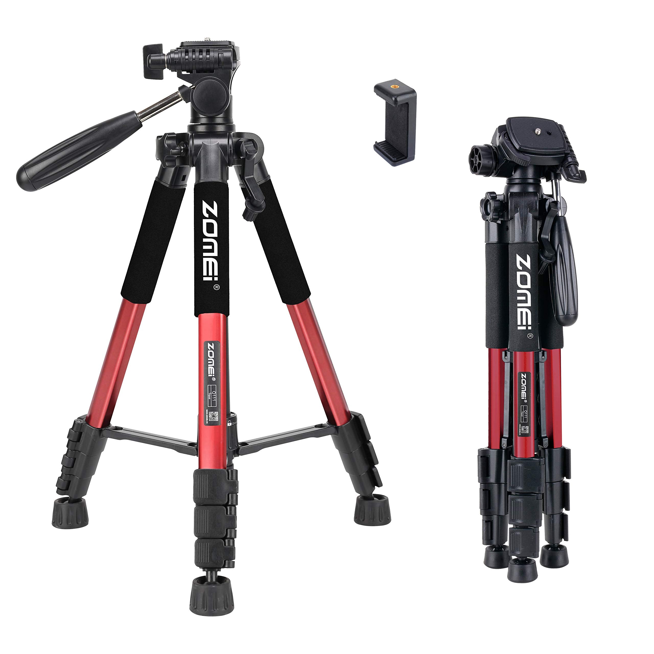 55' Tripod Q111 Travel Camera Tripod With 3 Way Pan Head And Phone Holder Mount For Gopro,Projector,Smartphones Webcam,Spotting Scopesto Live Broadcast And Dslr Eos Canon Nikon Sony Samsung(Red)