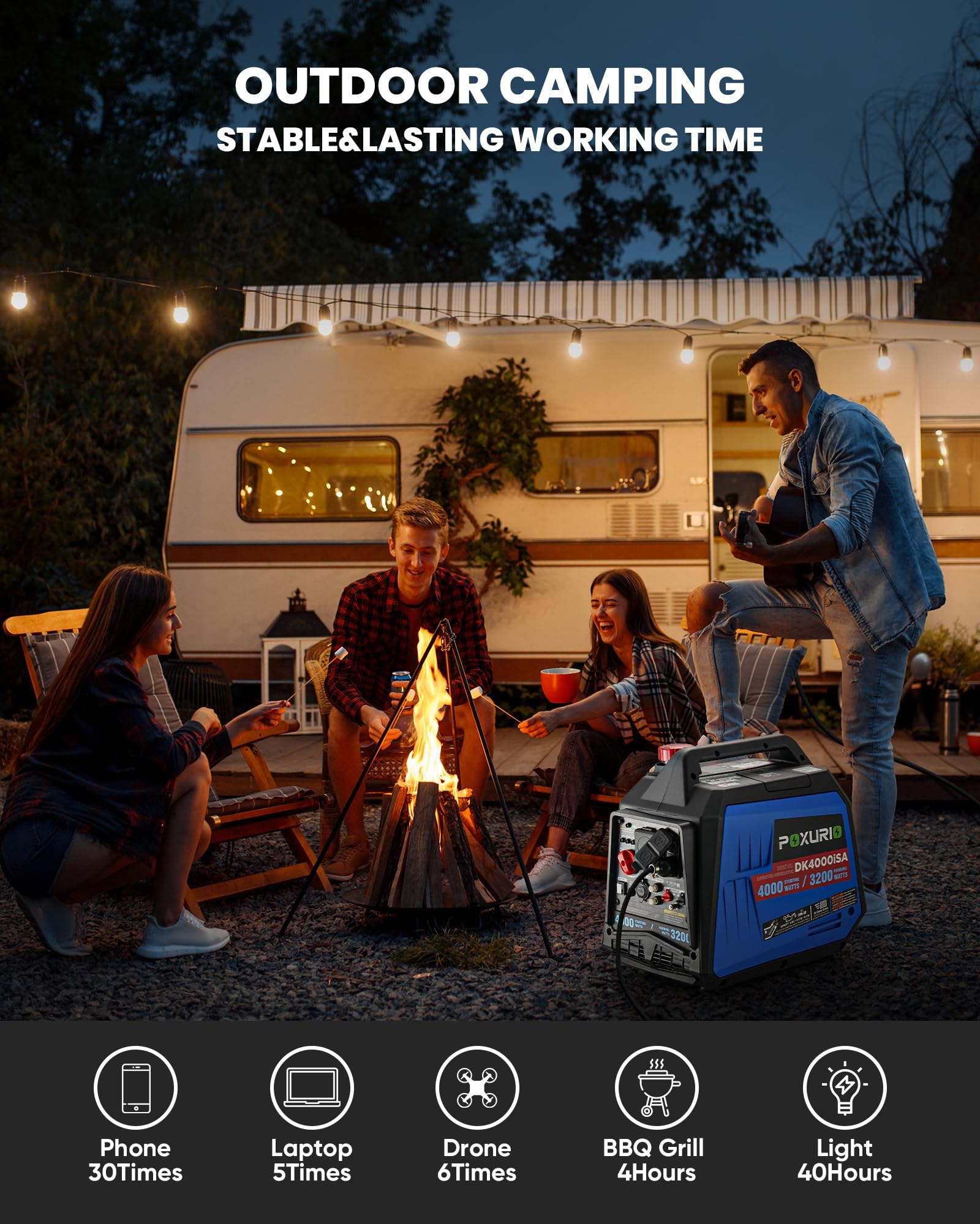 Poxurio 4000 Watt Inverter Generator, 120V Gas Powered Generator Super Quiet, Co Alarm/Rv Ready/Epa For Rv, Camping And Home