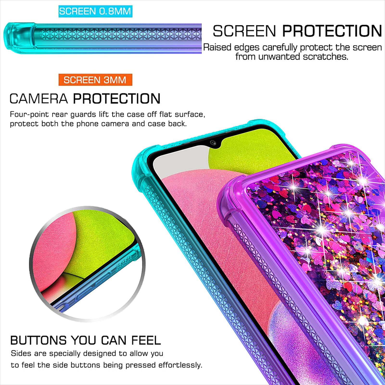 Yzok For Galaxy A03S Case,Samsung 03S Case With Hd Screen Protector,Gradient Quicksand Glitter Liquid Floating Waterfall Durable