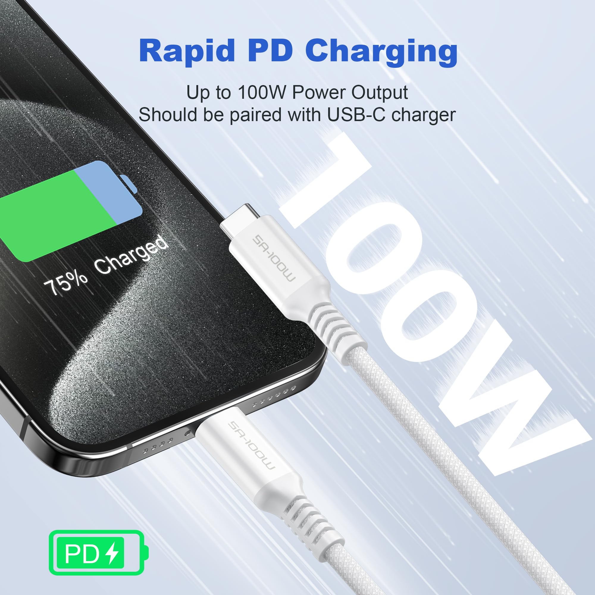 Basesailor Usb C To Type C 100W Charger Cable 1Ft/2Pack,Power Delivery Fast Charging Pd For Iphone 16 15 Pro Max,Macbook,Ipad Pr