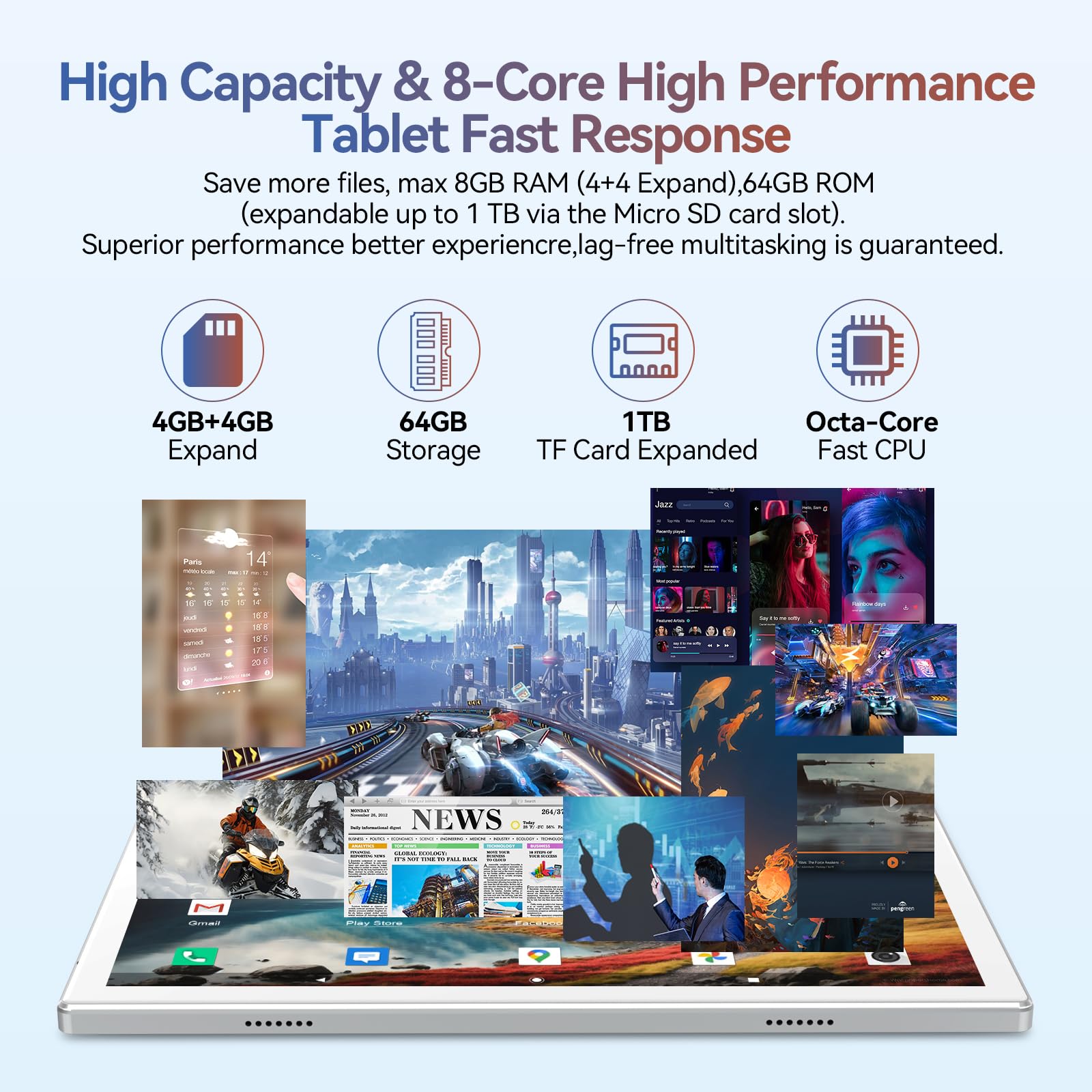 Android 14 Tablet 2024 Newest Tablets, 10 Inch Tablet (4+4)Gb Ram 64Gb Rom 1Tb Expand, 2 In 1 Tablet With Keyboard, Case, Stylus