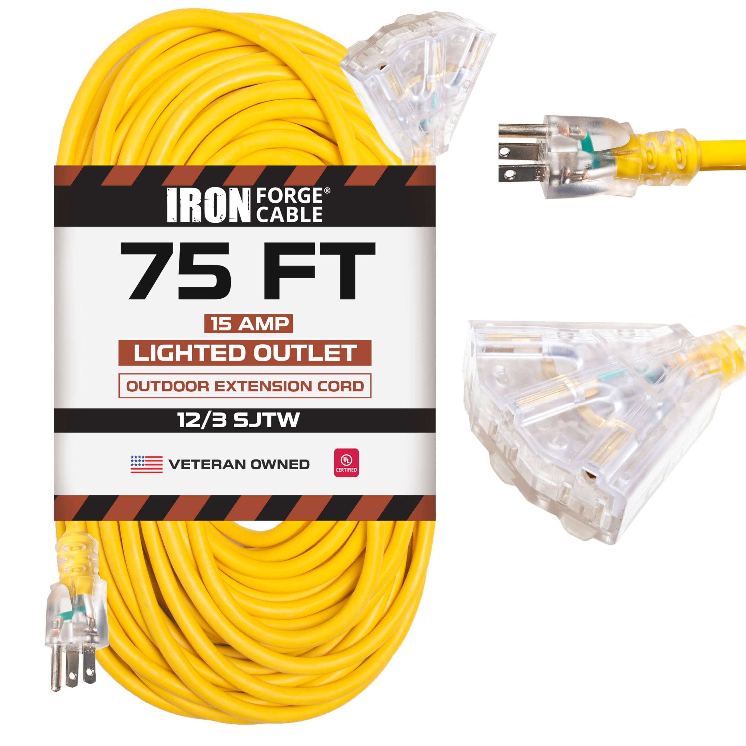 Iron Forge Cable 75 Foot Lighted Outdoor Extension Cord With 3 Electrical Power Outlets   12/3 Sjtw Heavy Duty Yellow Extension Cable With 3 Prong Grounded Plug For Safety, 15 Amp
