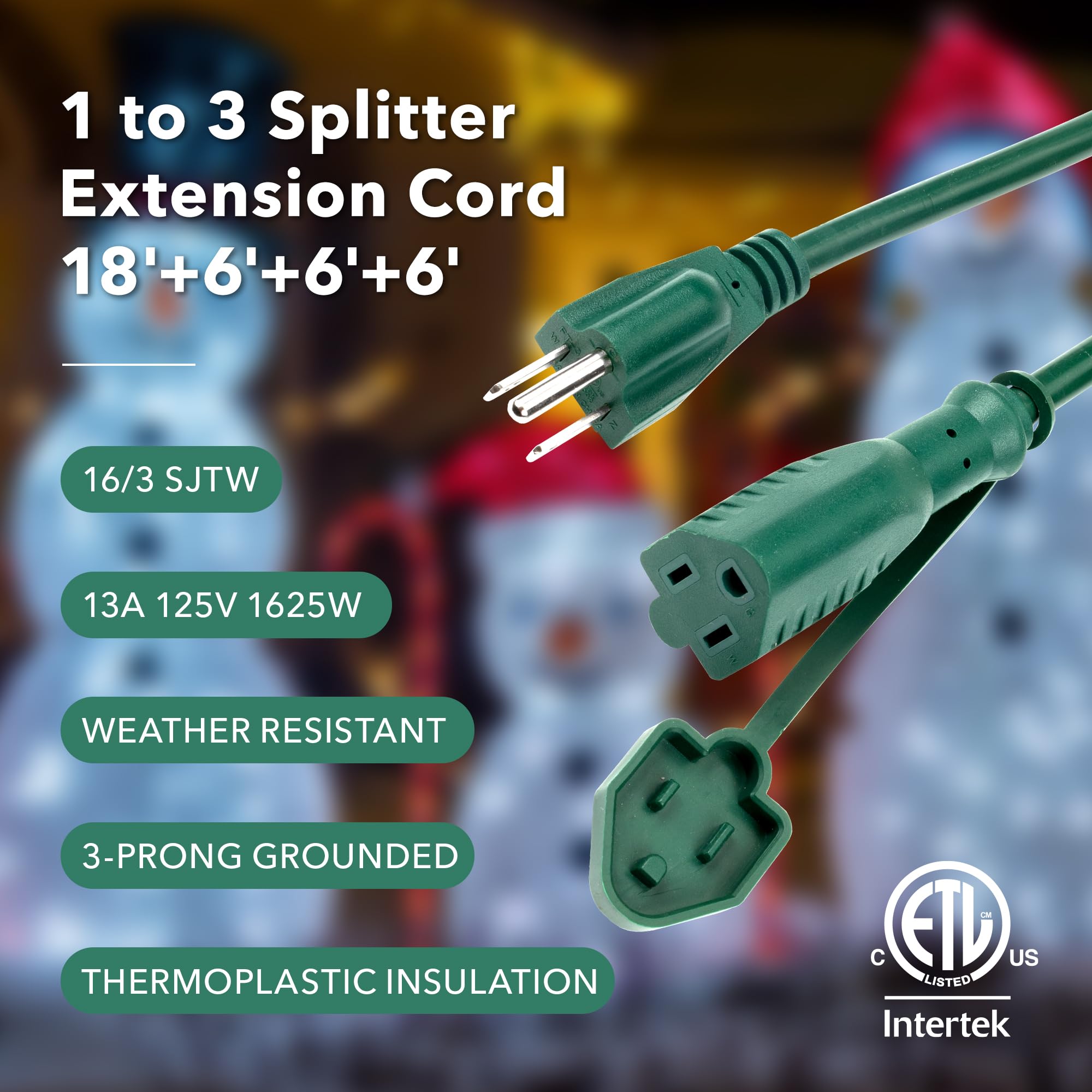 Bn Link 1 To 3 Splitter Extension Cord, 24 Ft End To End(36 Ft Total), Multi Outlet Power Cord, 16/3 Sjtw Weather Resistant For