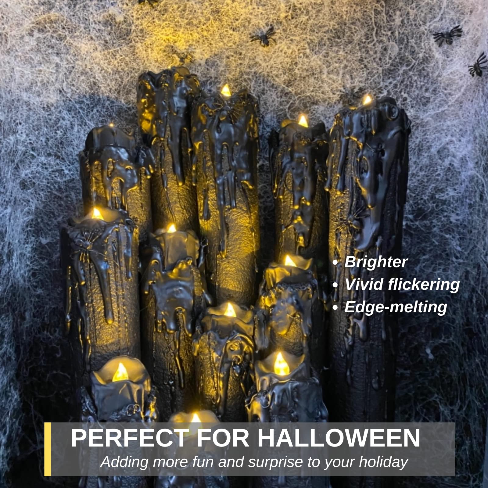 Homemory 24 Pack Melting Black Candles Battery Operated Tea Lights, Halloween Flameless Flickering Candles, Ideal For Holiday De