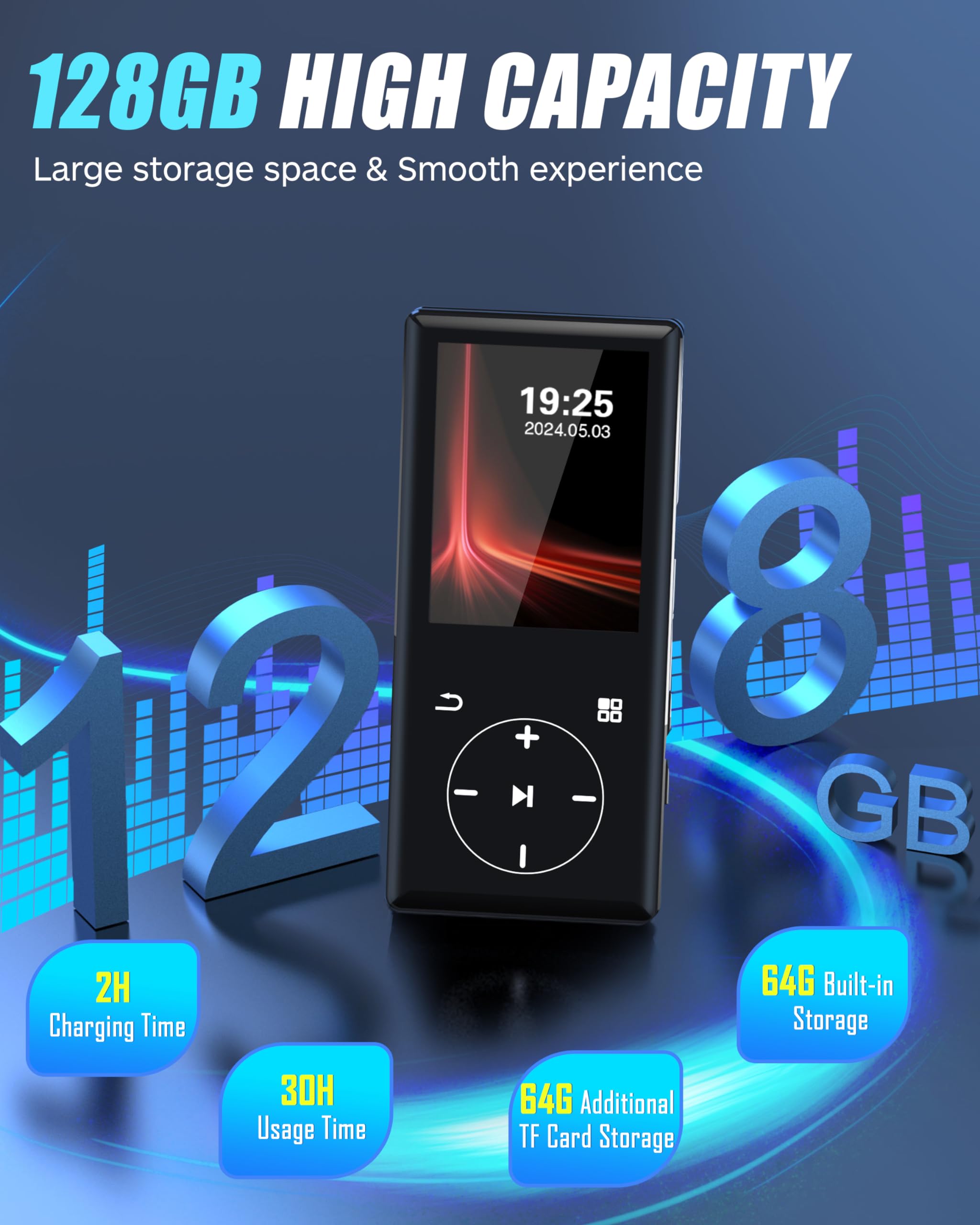 128Gb Mp3 Player With Bluetooth   Portable Mp3 Music Player With Hifi Speaker, 2.4' Screen Mp3 Player With Voice Recorder, Fm Radio, Touch Buttons,Support Up To 256Gb Sd Card (Black)