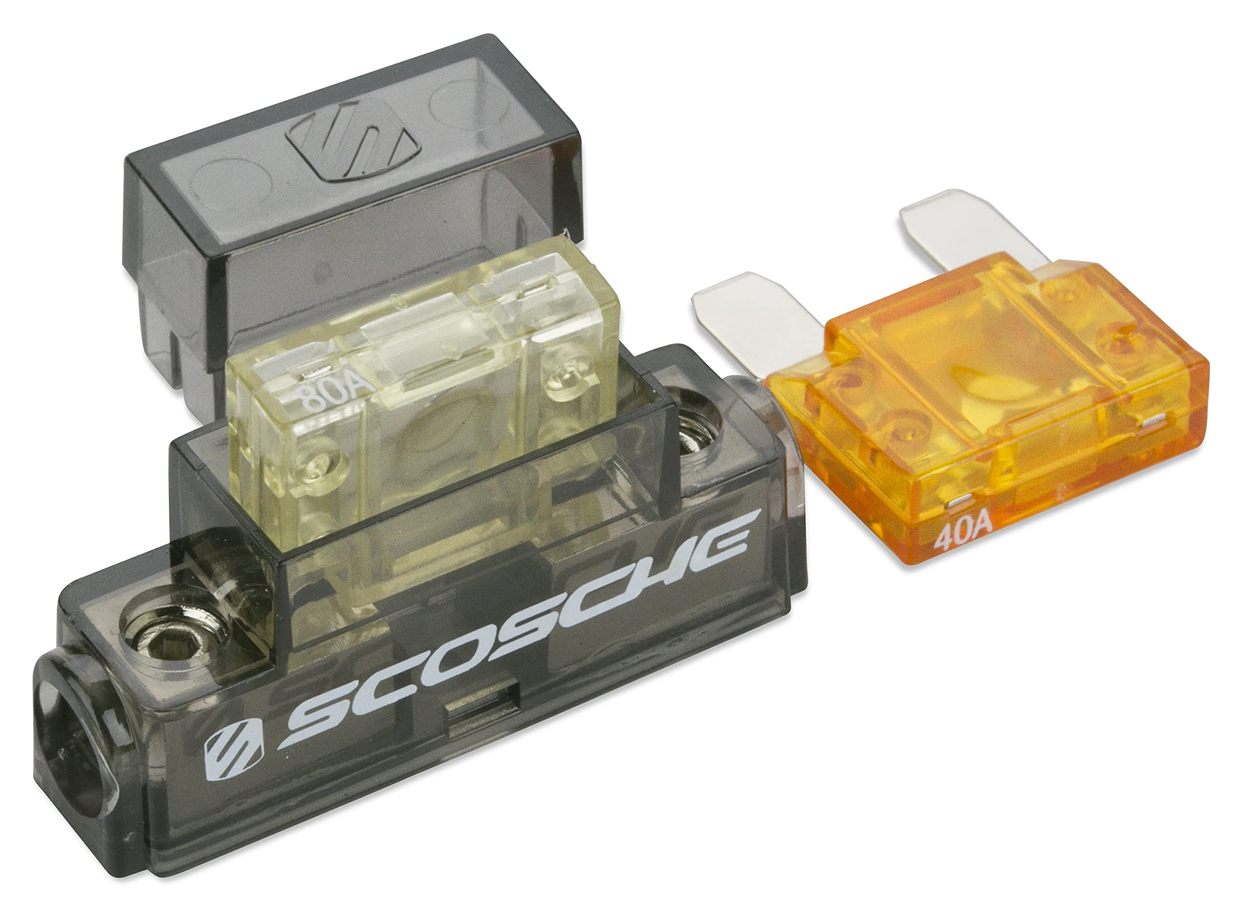 Scosche PMFHIKF in line Fuse Holder for 4 or 8 Gauge Power Wire. Includes 40 and 80 Amp Maxi Fuses