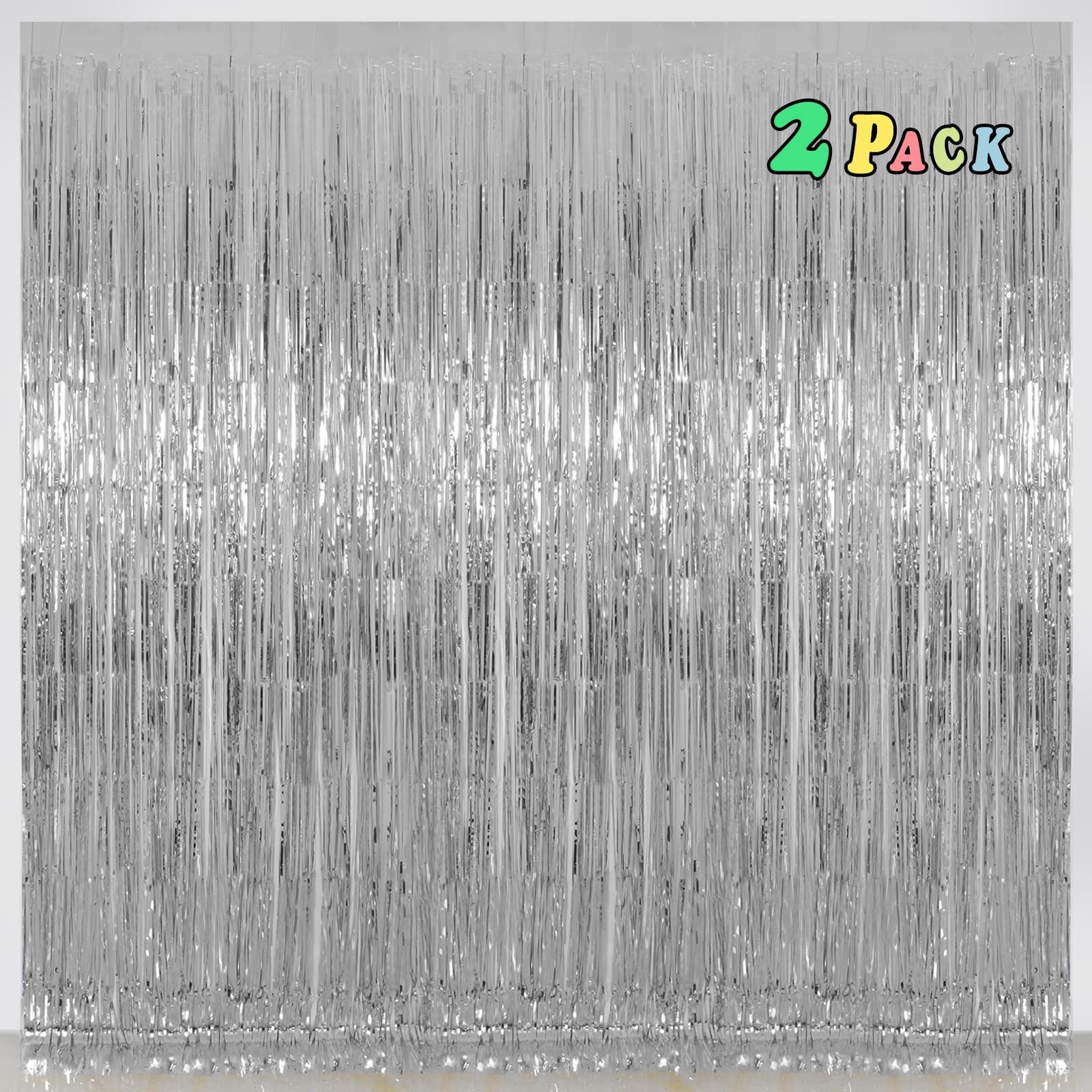 Silver Backdrop Curtains For Parties, Melsan 3.2 X 8 Ft Foil Fringe Curtains Backdrop For Birthday,Engagement,New Year Eve, Disc