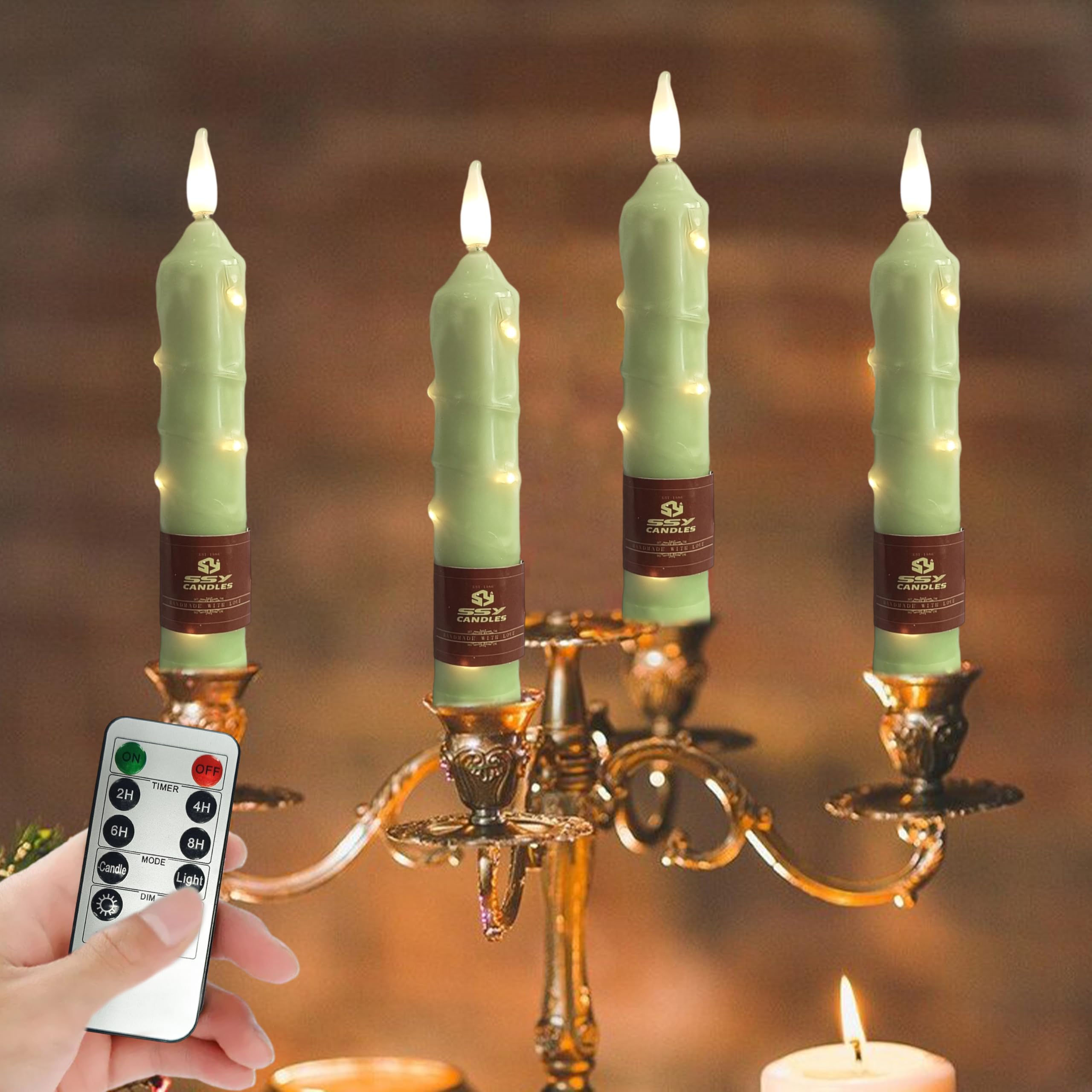XINAOBAOLUO 6.5 inch Green Flameless Candle with String Light Window Candles with Remote Timer Battery Operated Taper Candle LED