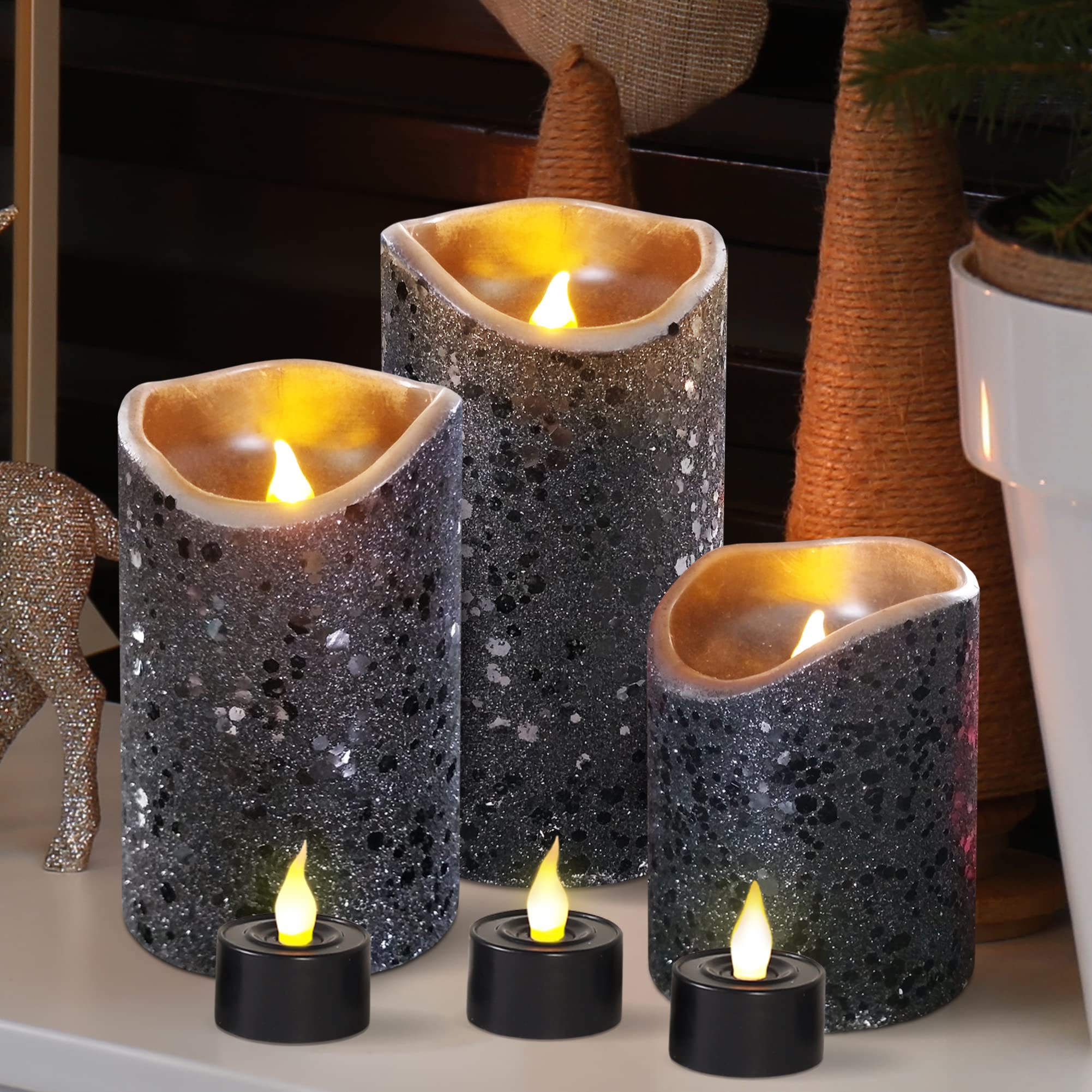 Furora Lighting Led Flameless Candles, Set Of 6 Battery Operated, Ideal For Home Decor With Timer Function, Black Glittery Finis