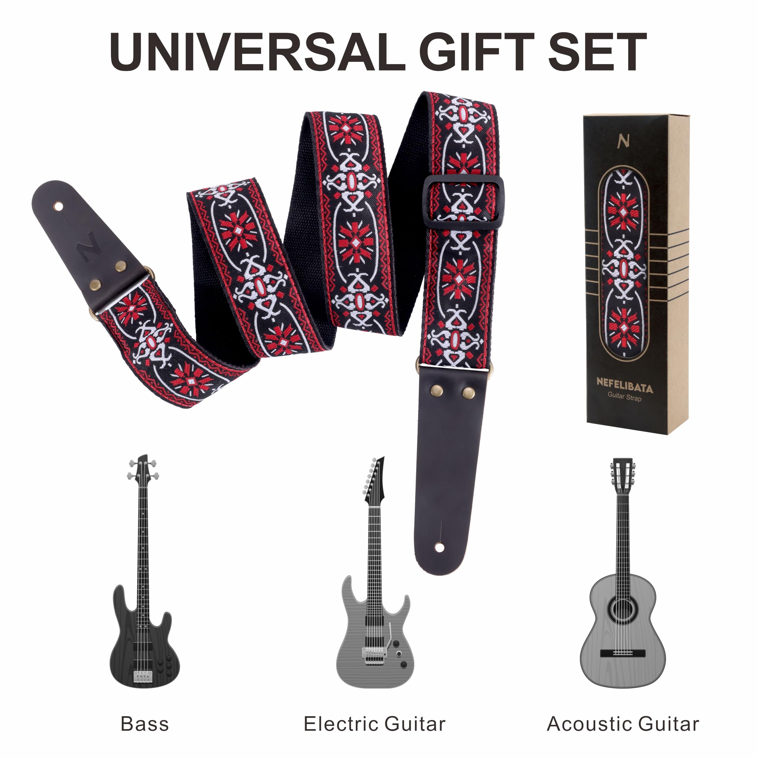 Nefelibata Guitar Strap, Embroidered Cotton Guitar Straps With Head Cowhide Leather Ends For Bass, Electric & Acoustic Guitars,