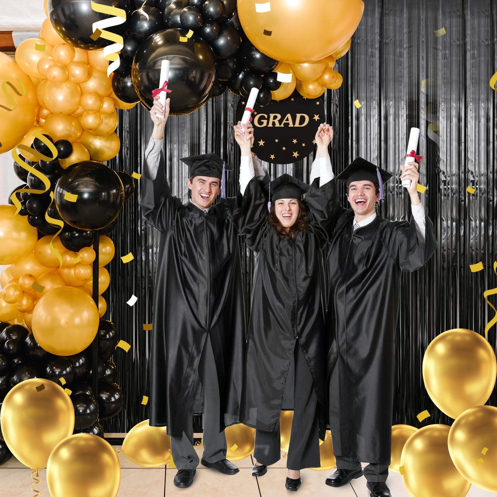 Tenlaitech 3 Pack 3.3 X 9.9 Ft Black Foil Fringe Backdrop Curtain, Streamer Backdrop Curtains, Streamers Birthday Party Decorati