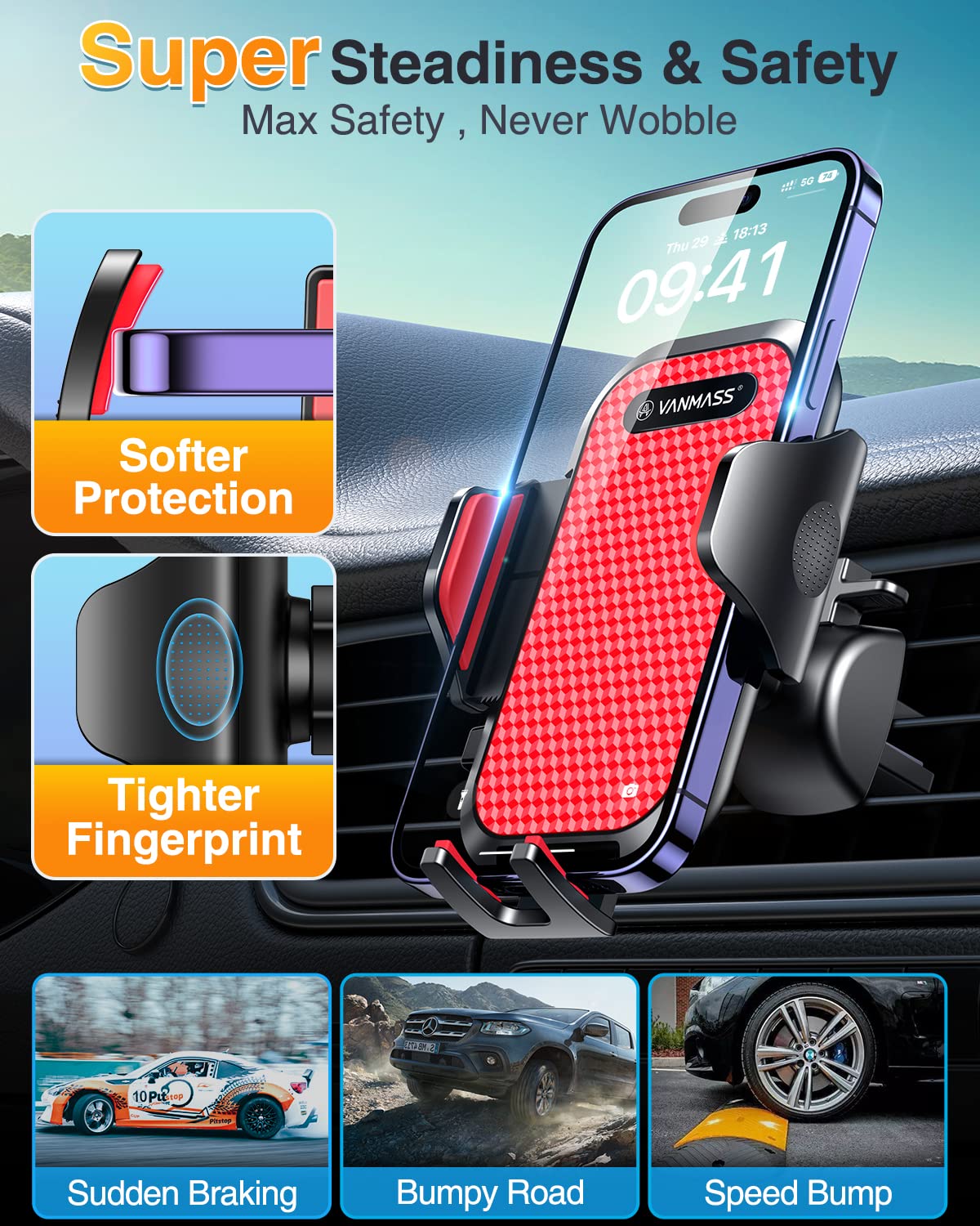 Vanmass [Pro Version] Universal Car Phone Mount [Super Suction Cup] Dashboard Phone Holder, Handsfree Windshield Dash Vent Phone