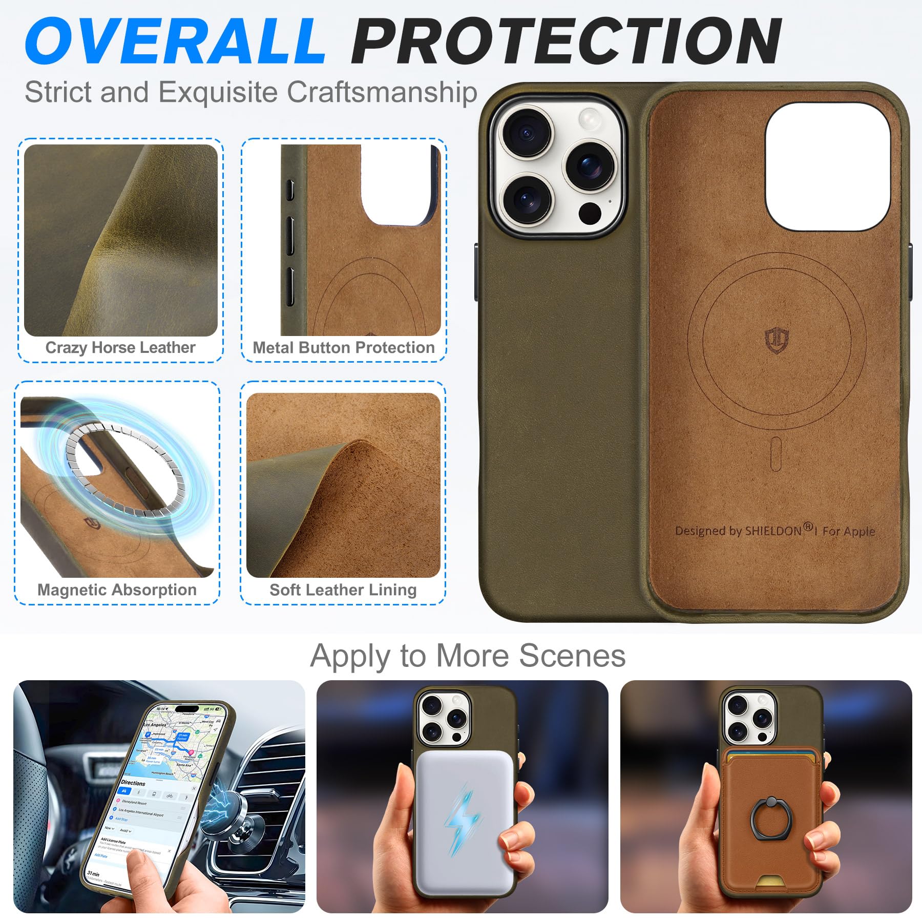 Shieldon Case For Iphone 16 Pro, Crazy Horse Top Grain Leather Magnetic Wireless Charging Shock-Absorbent Anti-Scratch Non-Slip