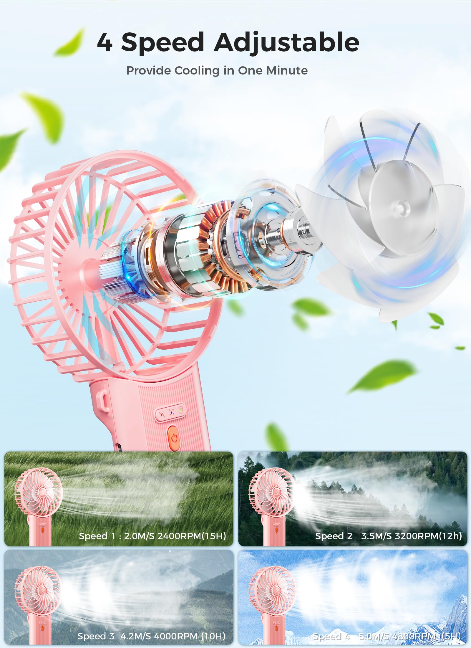 Jzcreater 2Pack Mini Handheld Fan,Portable Hand Held Fan, 15H Cooling Fan, Quiet 4 Speed, Usb Rechargeable Battery Operated Desk