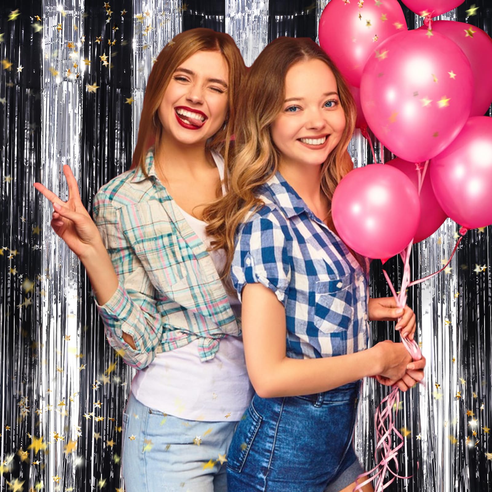 Black Silver Metallic Tinsel Foil Fringe Curtains, 4 Pack 3.3X8.3 Feet Party Streamer For Birthday Party Decorations, Halloween