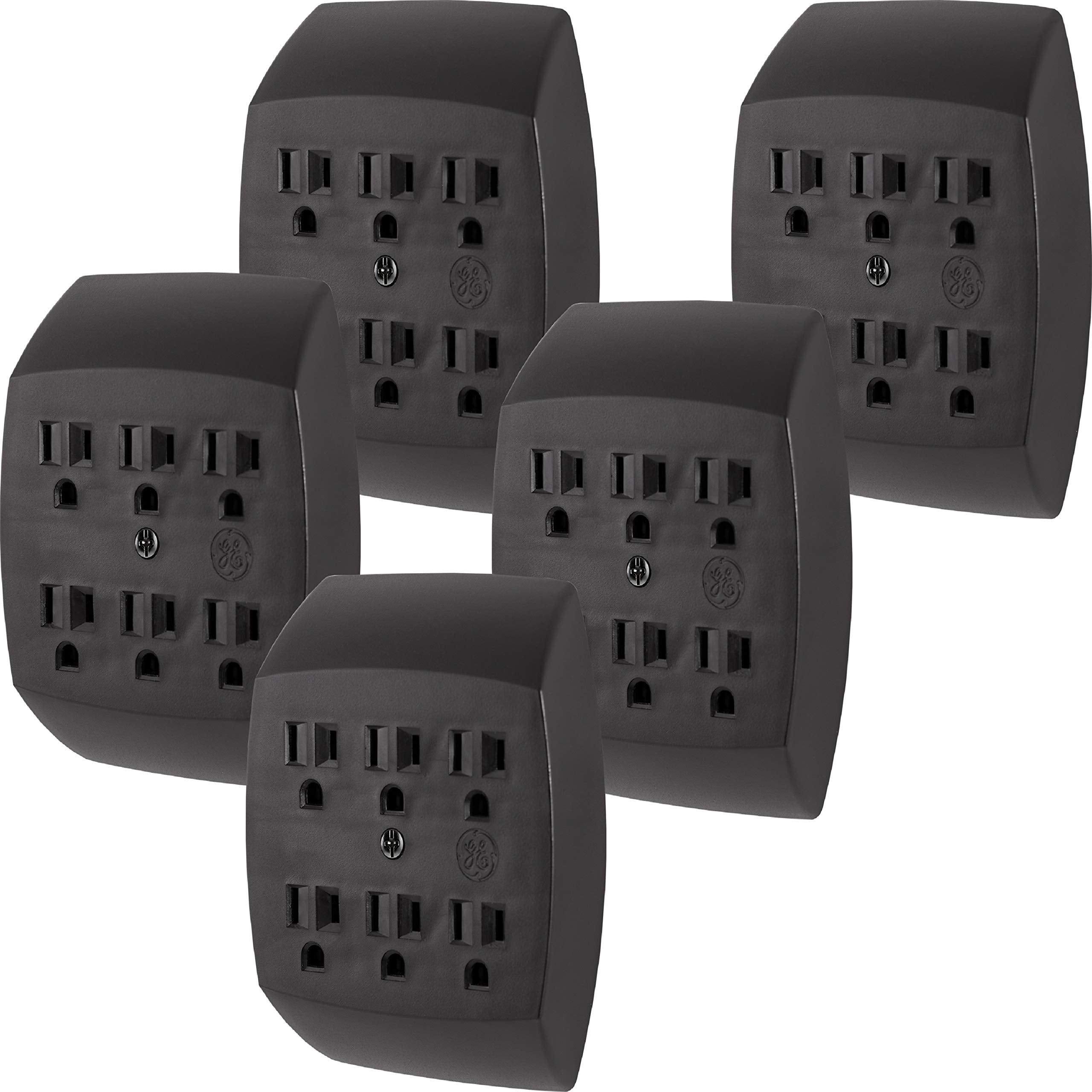Ge 6 Outlet Extender Wall Tap, 5 Pack, Grounded Adapter, Charging Station, 3 Prong, Secure Install, Ul Listed, Black, 54852