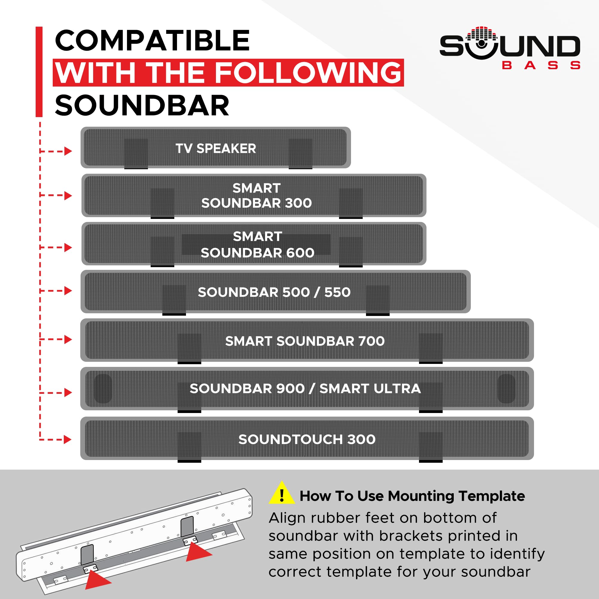 Sound Bass Universal TV Mount for Bose Soundbar - White, Aluminum, Model TV-BS-UNVL-WHT, Easy & Fast Installation