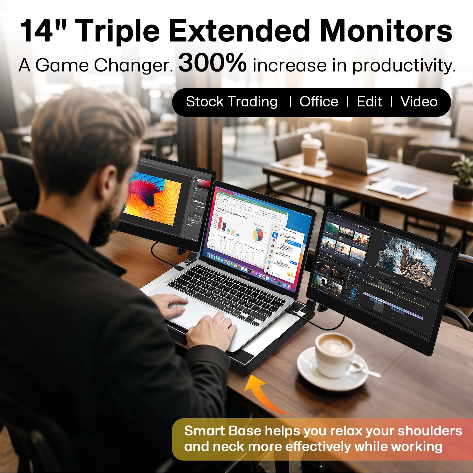 14'' Laptop Screen Extender Smart Base   Upgraded Triple Portable Monitor Fhd 1080P  300% More Efficient, 360 Rotation/Detachabl
