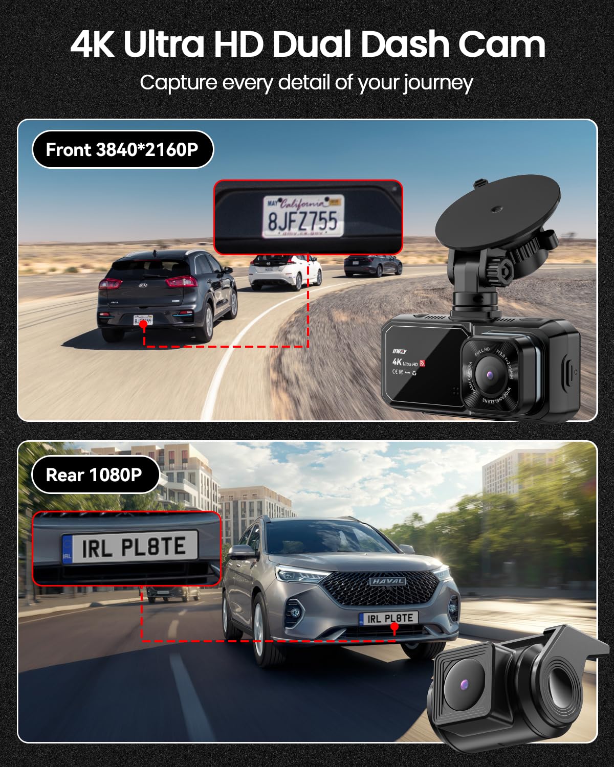 Dash Cam Front And Rear, 4K Uhd Dual Dash Camera For Cars, 3.16'' Ips Dashboard Camera Recorder Built In Wifi & App Control, Wit