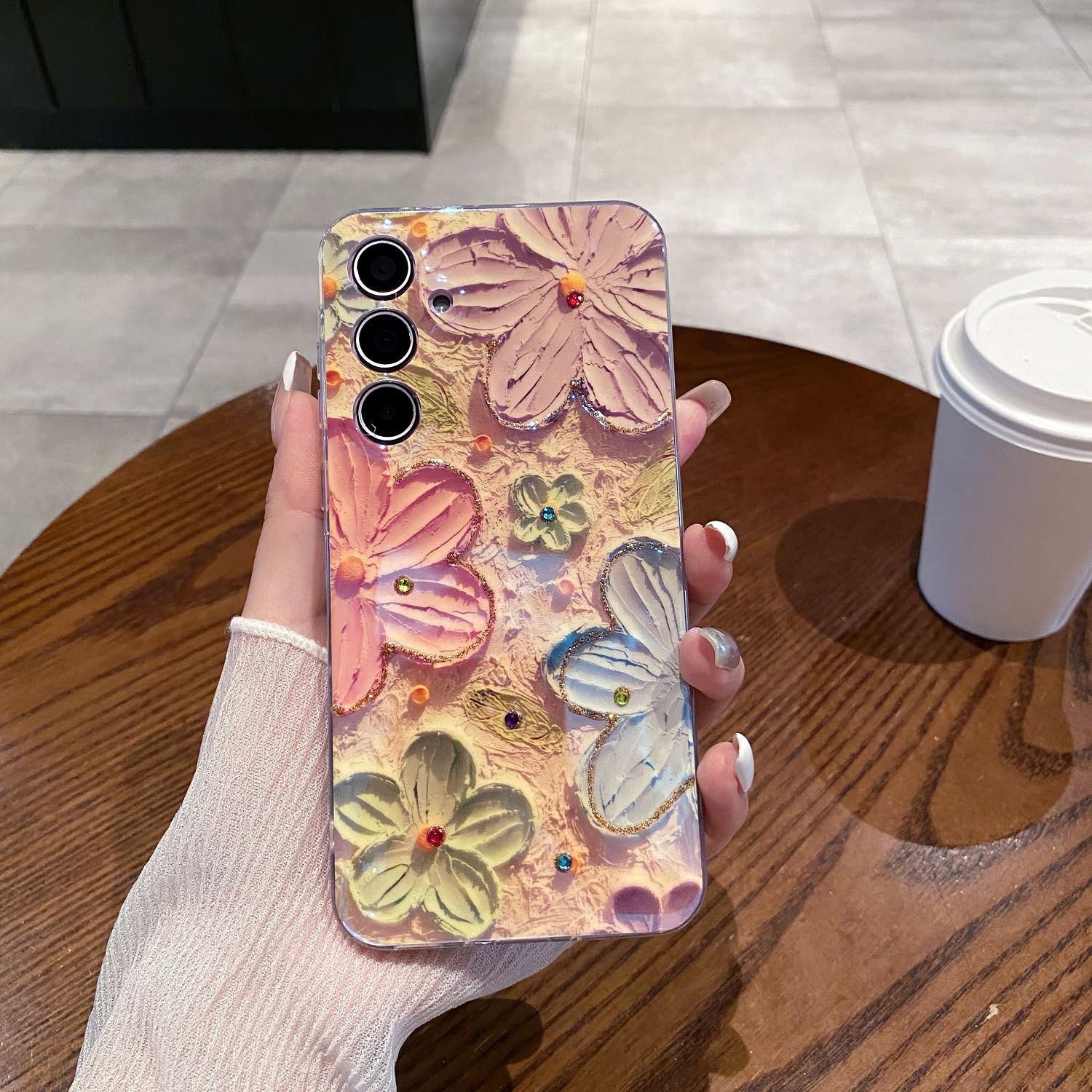 Leleyun Case For Samsung Galaxy S24, Colorful Retro Oil Painting Printed Flower Cute Pattern With Glitter Gem Phone Cover Durabl