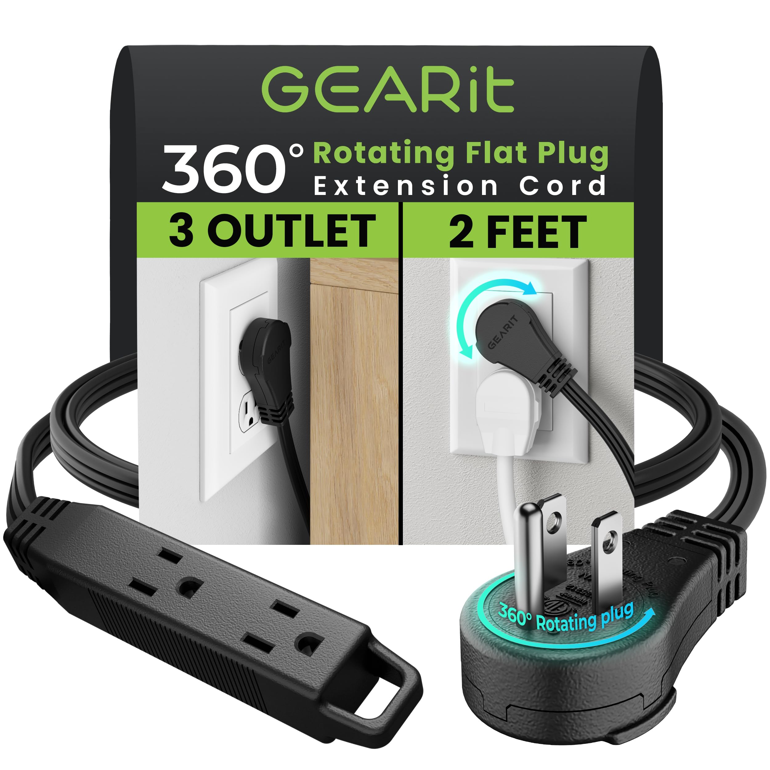 Gearit 360 Rotating Flat Plug Extension Cord (2Ft, Black) Multi 3 Outlet Extension 16 Awg Wire, Adapter For Small Spaces, Right