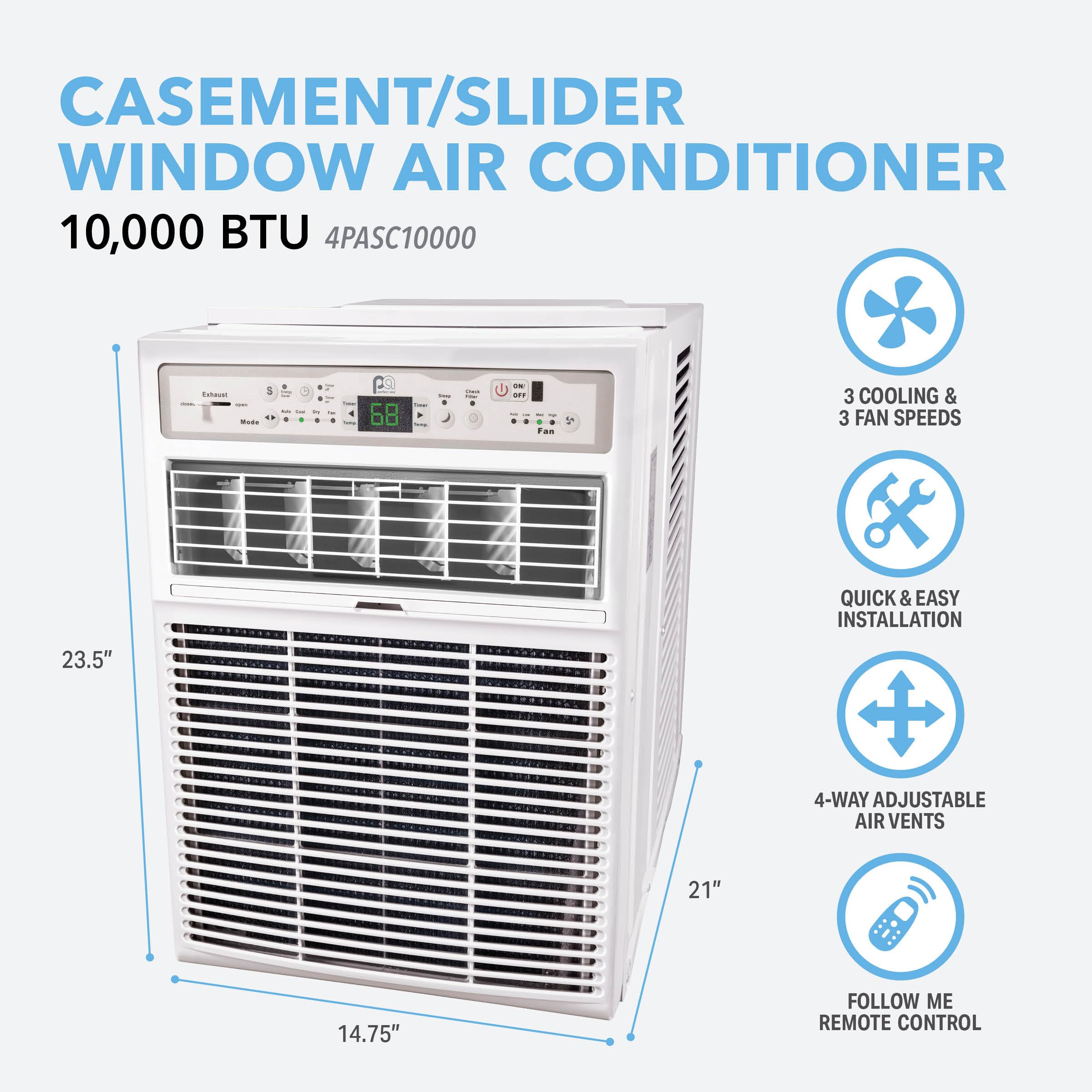 Perfect Aire 10,000 Btu Casement Window Air Conditioner- Cools 450 Sq. Ft. - Remote With Follow Me, Digital Led Display, Timer,