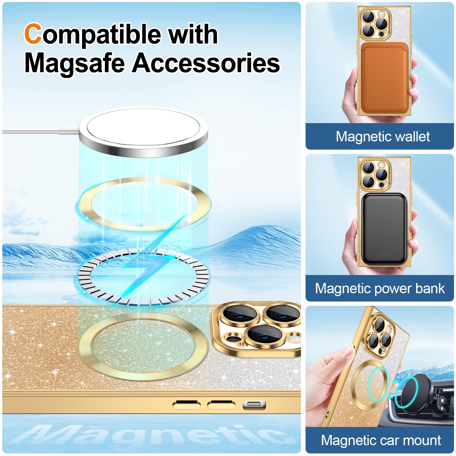 Hython For Iphone 13 Pro Max Case Clear Magnetic Glitter Phone Cases [Compatible With Magsafe] Full Camera Lens Protector Gradie