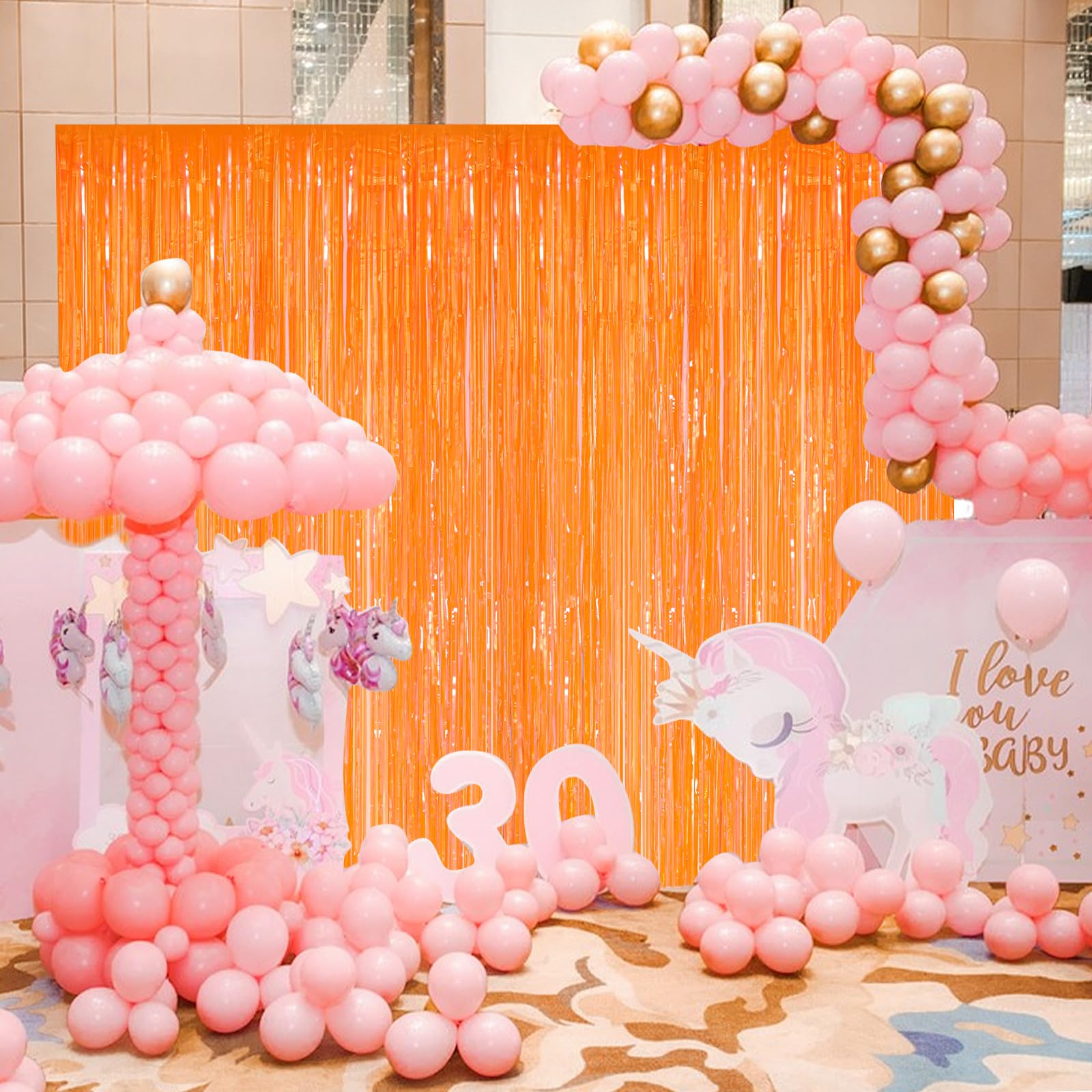 Orange Metallic Tinsel Foil Fringe Curtains, 2 Pack 3.3X8.3 Feet Party Streamer For Birthday Party Decorations, Halloween Decor,